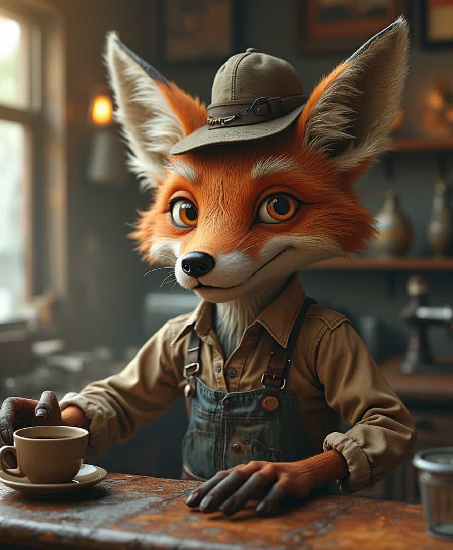 A hyper-realistic humanoid fox-like barista with deep, narrow eyes, scruffy white hair, and weathered orange skin with intricate wrinkles. He wears a worn-out, vintage jumpsuit with a dusty, faded appearance, complemented by carefully selected antique barista accessories. A quirky coffee bean-shaped hat rests atop his head, adding a touch of whimsical charm. The setting is an old, rustic café with vintage wooden furniture, aged coffee machines, and a cozy, nostalgic atmosphere. Sunlight gently filters through the dusty windows, casting a warm and cinematic glow on the scene. The character sits behind the counter, preparing a cup of coffee with a contemplative expression. The atmosphere blends realism with a touch of fantasy, evoking a mysterious yet inviting charm. Ultra-detailed textures, volumetric lighting, cinematic depth of field, 8K resolution, award-winning photography, dieselpunk, masterpiece 
