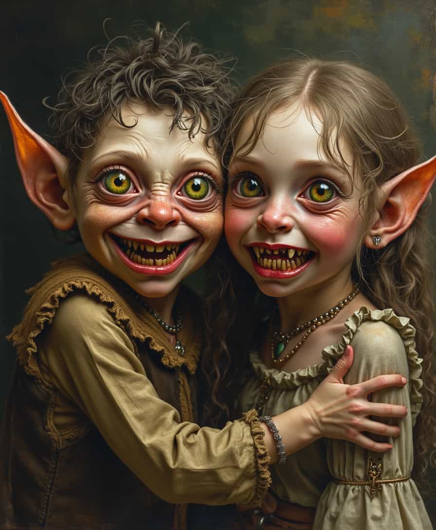 12-century portrait of boy and girl trow goblins, childlike, sinister smiles, large-eyed hairy unseelie, fey, fair folk, realistic, f urry, sharp teeth 