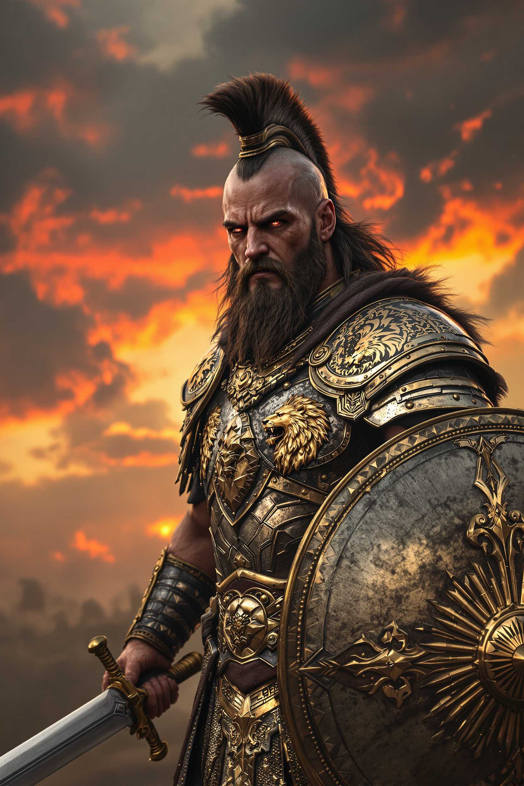 Ancient human male warrior. Lion emblems on smooth battle worn gold mixed with silver full armor, sword and shield. Hyperrealistic apocalyptic intense battleground scene and ominous cloudy sunset sky mixed with red in the clouds background.