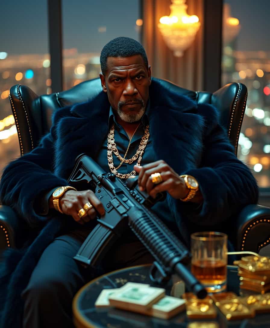 A hyper-realistic cinematic shot capturing Denzel Washington as a ruthless billionaire gangster, sitting in a luxurious black leather armchair inside a dimly lit penthouse overlooking the neon-lit city skyline at midnight, exuding unmatched power, dominance, and control, wearing a long, deep navy-blue fur coat draped over a perfectly tailored jet-black designer suit with a silk midnight-blue shirt, accessorized with thick diamond-studded gold Cuban link chains, a platinum Rolex, and multiple gold rings flashing under the ambient lighting, his iconic sharp gaze and calm yet deadly smirk radiating absolute authority, a lit cigar smolders between his lips, the smoke curling into the air as he exhales slowly, gripping a sleek black and gold M16 rifle in his hands, carefully disassembling and cleaning the weapon with a focused expression, his strong, veined hands methodically wiping down the barrel, every movement precise and calculated, the penthouse bathed in moody golden lighting from a crystal chandelier, a glass of aged whiskey on the table beside him, with stacks of cash and gold bars neatly arranged next to an open case of ammunition, the background featuring the glow of the city skyline reflecting off the massive glass windows, luxury cars visible in the private garage below, cinematic lighting emphasizing the sharp textures of his fur coat, the brilliance of his gold accessories, and the intense, battle-hardened expression on his face, his relaxed yet dominant posture exuding the aura of a crime boss who controls everything from the top, untouchable, fearless, and always in command, ultra-detailed textures, cinematic lighting, deep shadows, high contrast, full dark background, 8K, shot on IMAX Laser, intricate details 