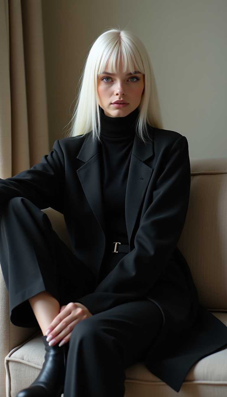 a full body photo of an beautiful tall girl wearing black long-sleeved turtleneck and sitting on the sofa, she has straight white hair with bangs and wears oversized high-end fashion from "Gucci", her feet wear matte leather shoes ，have soles made out of rubber material, shot by smartphone camera 