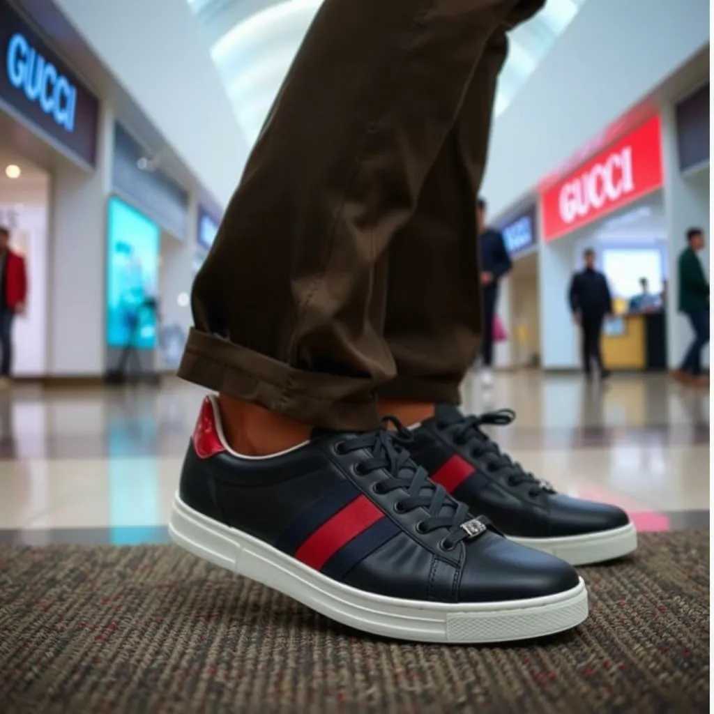 a man wearing these Gucci shoes at the mall