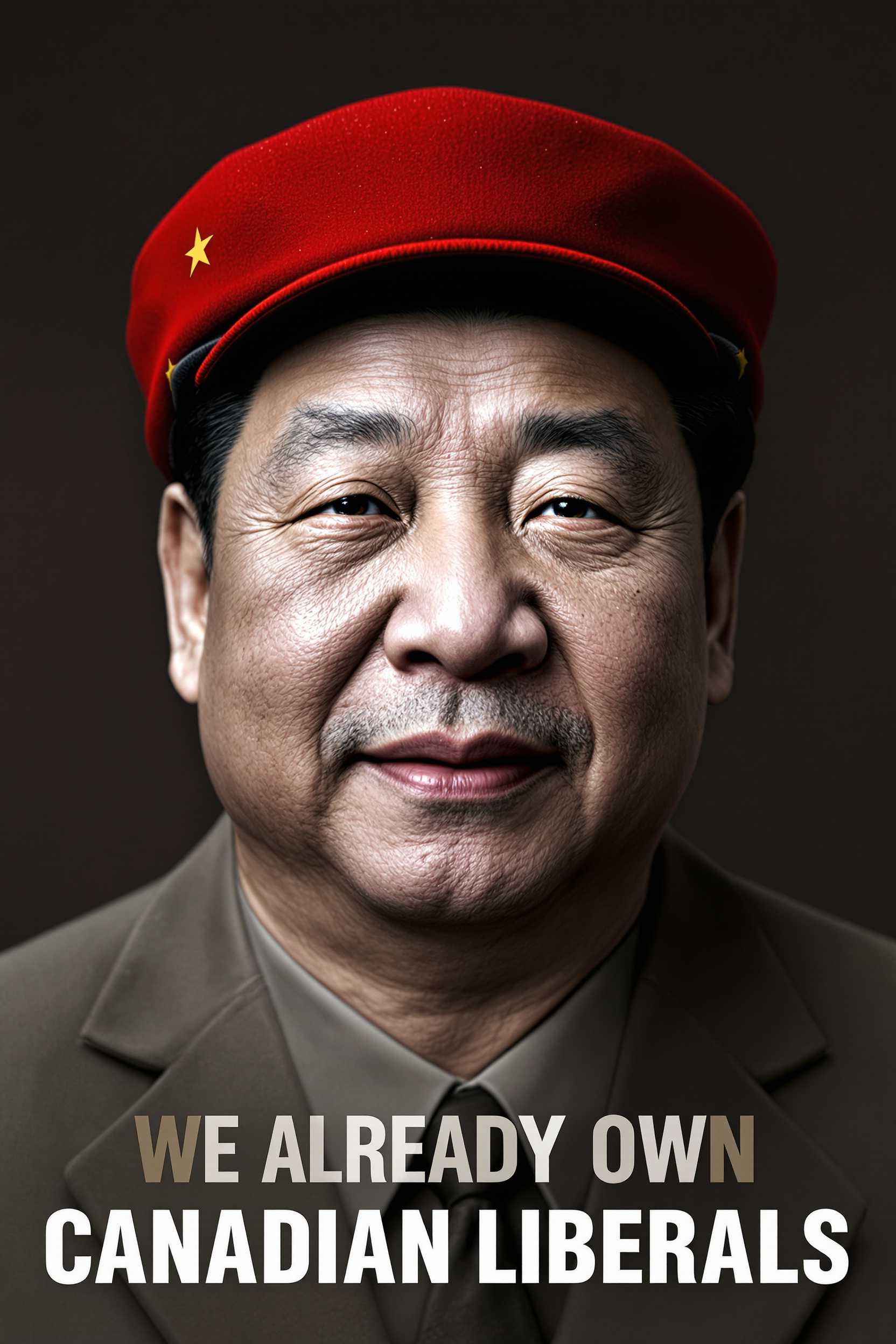 create a photo of Xi Jinping wearing a red hat with text that reads "WE ALREADY OWN CANADIAN LIBERALS" 