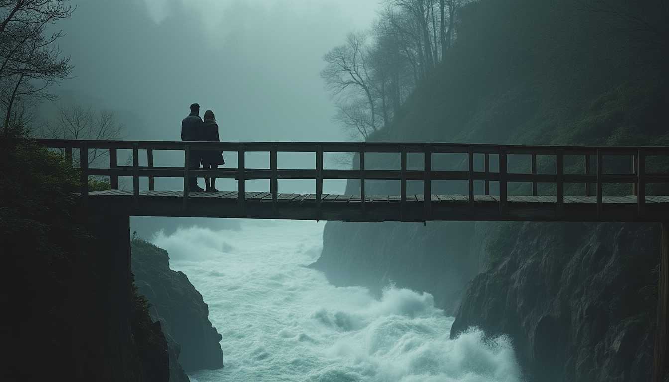 View from a lower position, looking up, showing a side of wooden bridge that above a raging river. On the rim of bridge, lone silhouettes of a couple standing side by side on the bridge, looking down