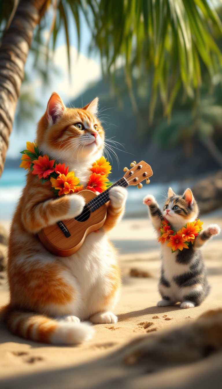 A tropical paradise scene with a relaxed orange tabby cat wearing a Hawaiian lei, playing a small wooden ukulele under a palm tree. Beside him, a beautiful calico cat dances the traditional Hawaiian hula on a sandy beach, her paws moving rhythmically as waves crash gently in the background