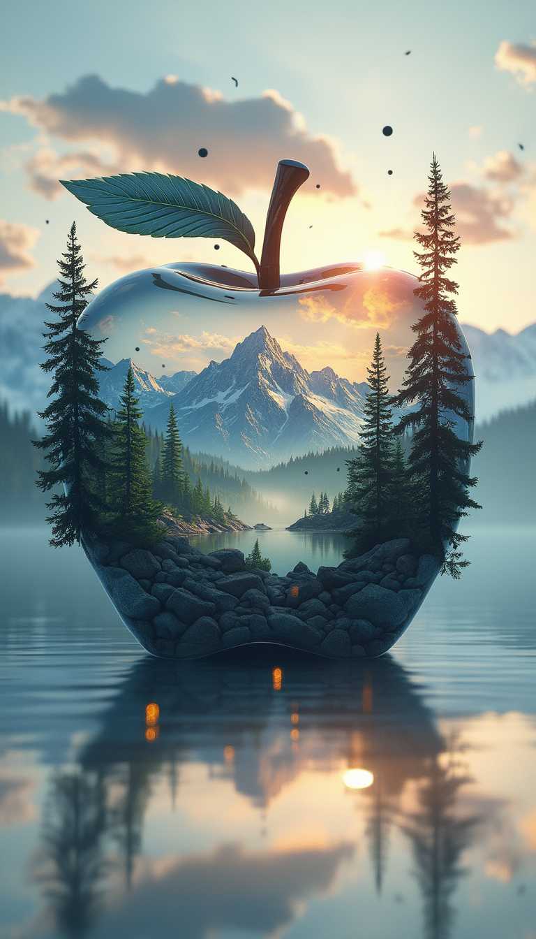 high quality, 8K Ultra HD, lots of musical note symbols inside an apple made of crystal, by yukisakura, high detailed, “Create a realistic t-shirt design featuring a detailed mountain range with lush pine trees in the foreground, a serene lake reflecting the mountains, and a bright sun setting behind them. Add the text ‘Explore More’ in an elegant, natural font at the bottom. Realistic 