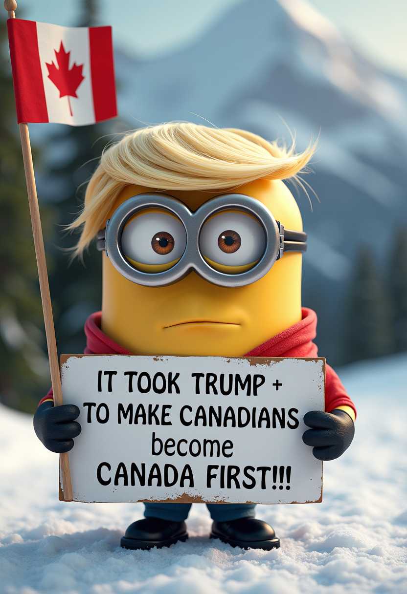 create a minion with donald trump hair blonde holding a sign that reads "IT TOOK TRUMP TO MAKE CANADIANS, become CANADA FIRST!! THANK YOU TRUMP!!" clean black text,  background Canadians rockies with canadian flag on a pole. 