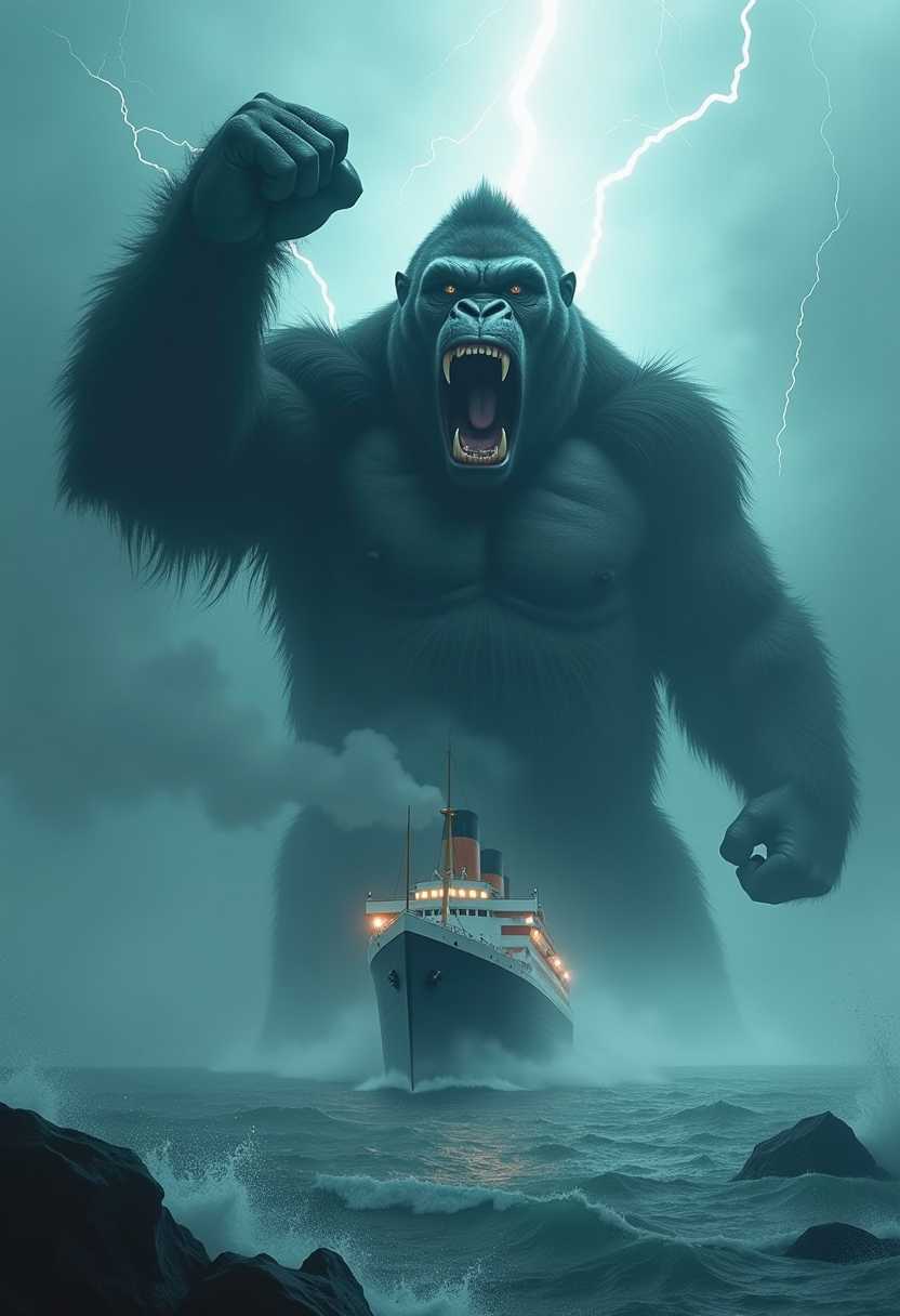 kingkong is coming from behind with his right fist raised high through the fog, his huge mouth wide open with gleaming sharp teeth visible. The storm is raging like a raging sea, and the RMS Titanic is coming towards him in the thick fog. kingkong s eyes are bright, and a huge figure is looming in the flash of lightning, and a sense of oppression covers the whole scene.