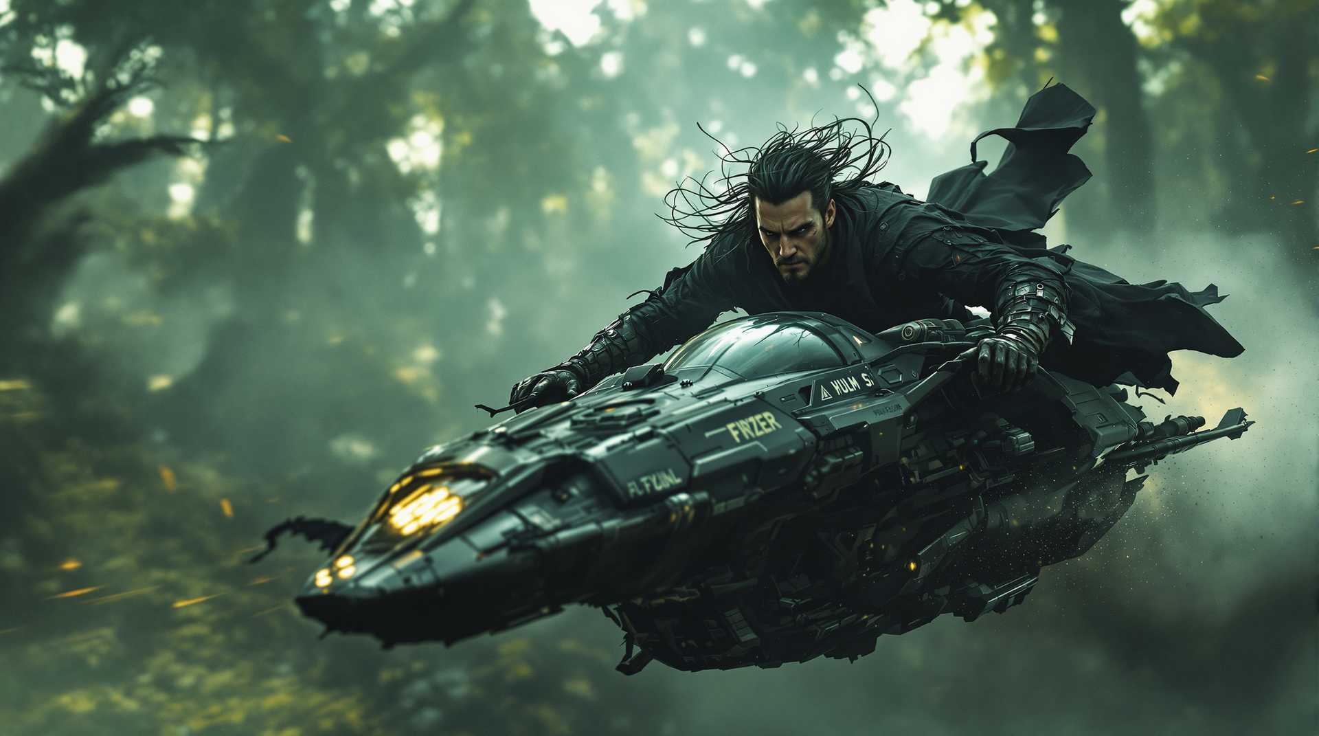 A post-apocalyptic warrior in the foreground - falling, leaning over his hovering racer, changes direction abruptly in a turn - leaning. His black, tattered robes are blowing in the wind, and his face, full of tension and emotion, shows determination. Close view, emphasizing the details of the vehicle and the warrior. Ultra-detailed, mystical jungle in the background, full of fog and light. Ultra-detailed ultraphotographic ultradynamic.hd 8k. dystopia. humidity. light sun