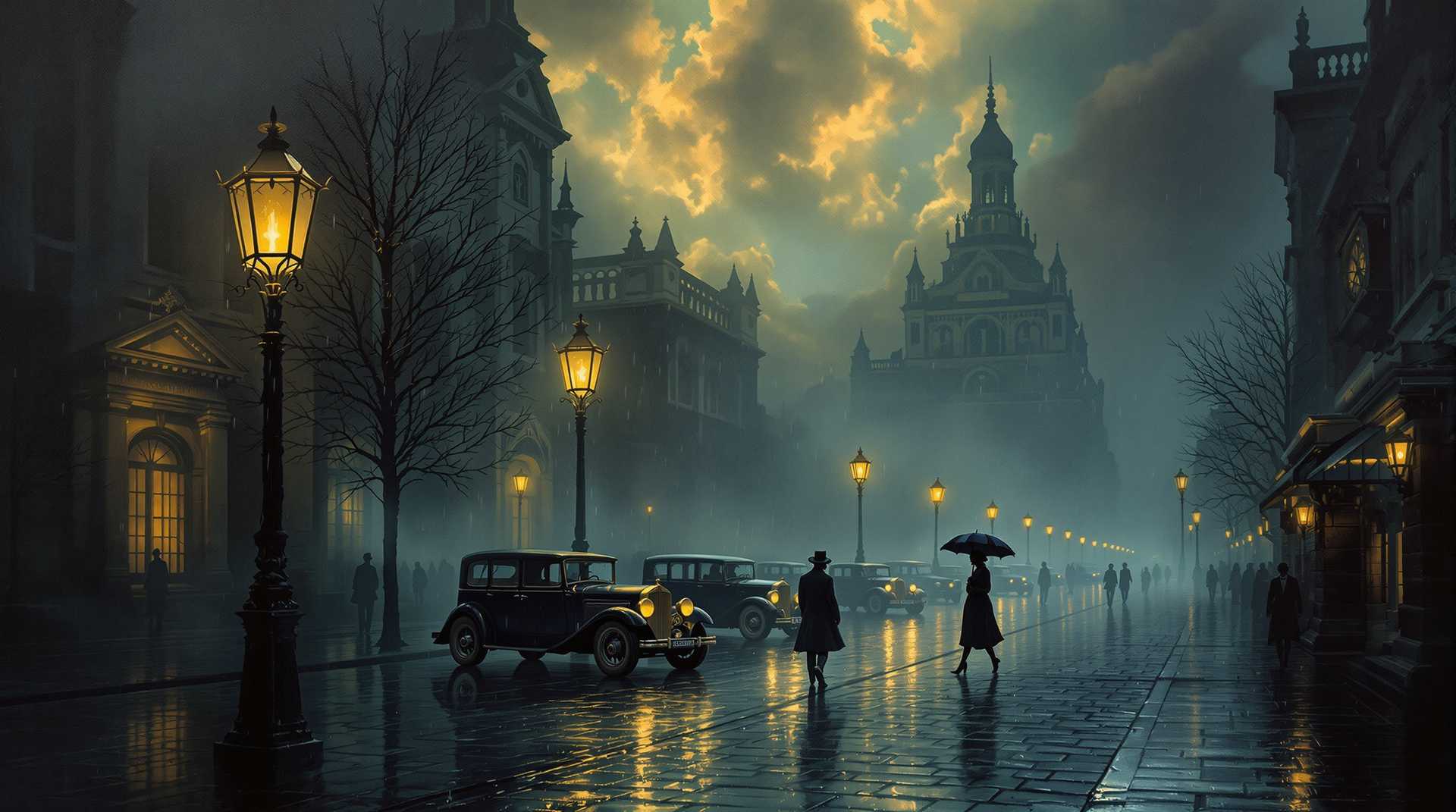 The oil painting depicts a mysterious, rainy street in the old town. The wet cobblestones reflect the lights of the lanterns, emphasizing the dark atmosphere. In the background, monumental buildings are lost in thick fog, and dramatic clouds are illuminated by golden light. Figures in coats and hats move between old cars, and a lone silhouette with an umbrella crosses the street, adding melancholy to the scene. Victorian style painting.8k ultra-detailed ultra-real rainy.