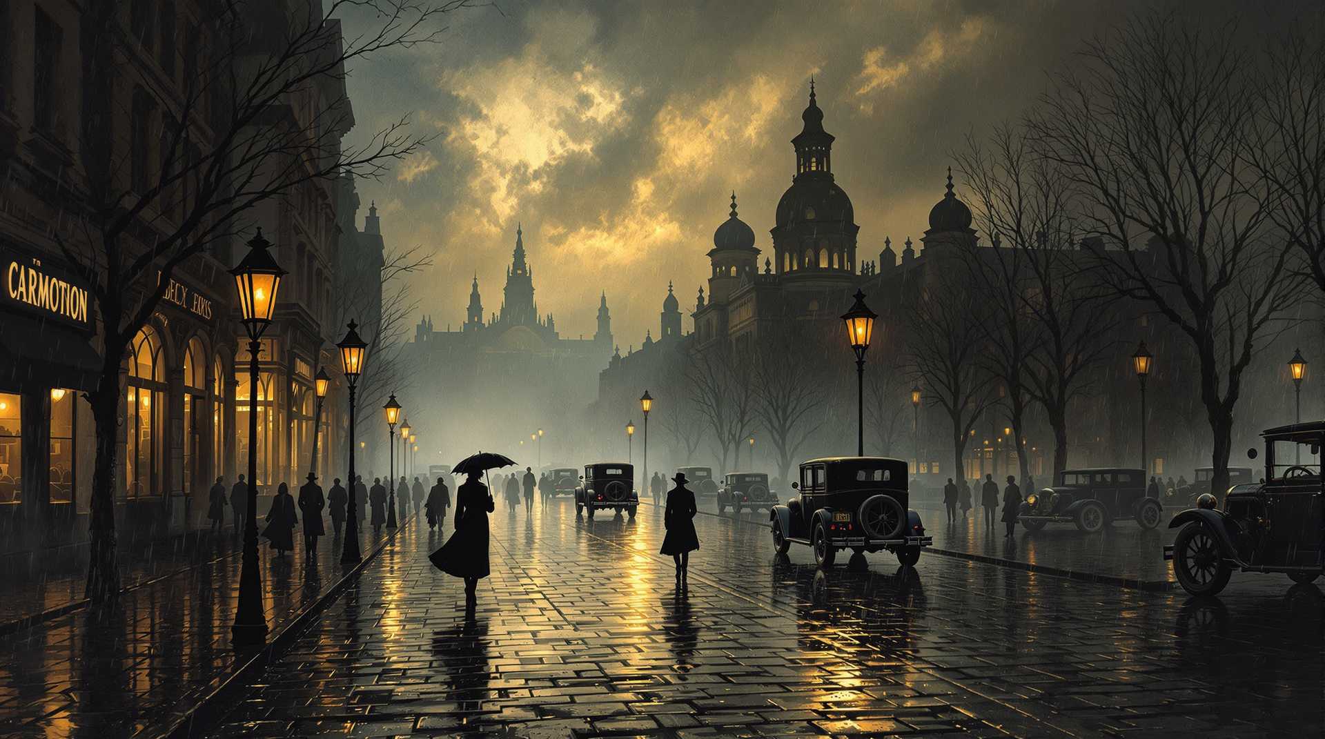 The oil painting depicts a mysterious, rainy street in the old town. The wet cobblestones reflect the lights of the lanterns, emphasizing the dark atmosphere. In the background, monumental buildings are lost in thick fog, and dramatic clouds are illuminated by golden light. Figures in coats and hats move between old cars, and a lone silhouette with an umbrella crosses the street, adding melancholy to the scene. Victorian style painting.8k ultra-detailed ultra-real rainy.