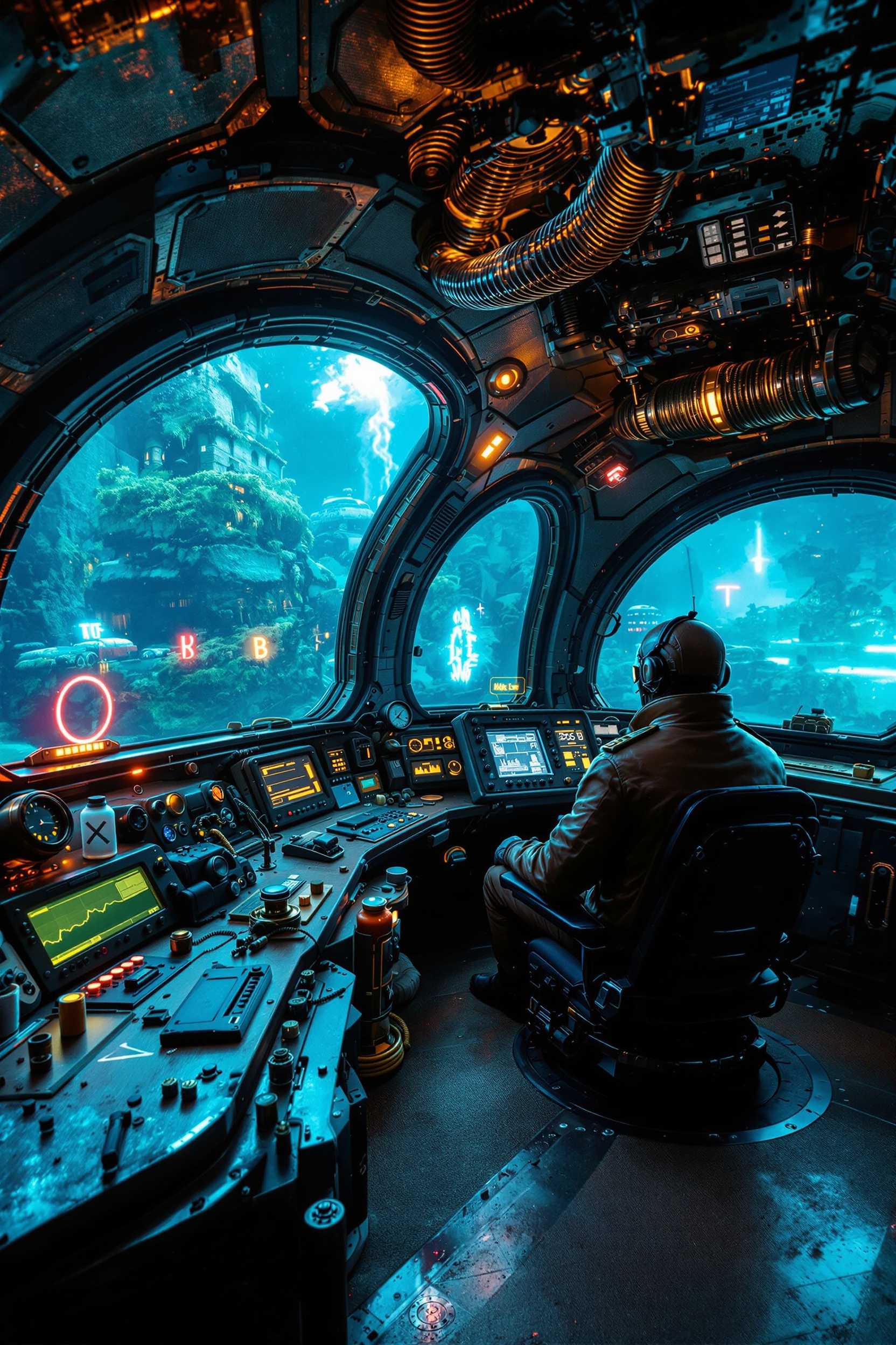 illuminated Interior of a post-apocalyptic steampunk bathyscaphe with large, semicircular windows with thick glass through which a sunken city can be seen - ultraphotographic. Ruins of buildings covered with algae, wrecks of cars and buses rest on the bottom. Neon signs flash faintly in the clear water. A pilot in a leather brown suit steers the ship, surrounded by a raw, industrial interior with analog screens and dark copper panels. ultra-detailed 8k full hd