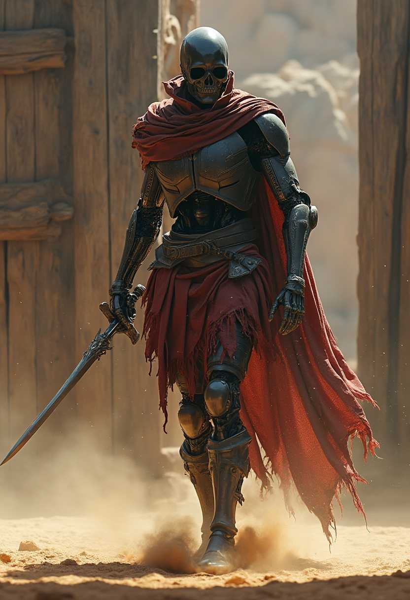Post-apocalyptic cyber warrior in coliseum - humanoid silhouette, but with mechanical skeleton and glass, black skull - shimmering - dressed in a tattered, dark red cloak and partially in gladiator armor. Holds a short sword in a dynamic combat stance. In the background wooden gates of the arena, sand floats in the air, emphasizing movement and tension. Subtle lighting, sun rays fall through the cracks in the gates casting shadows - dust everywhere. Ultra-detailed hd utopia