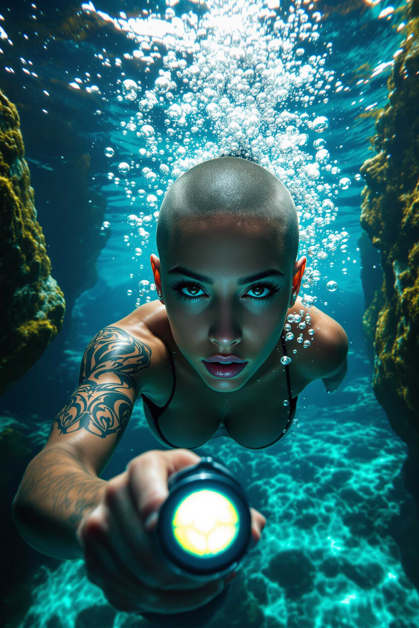 Underwater scene captured from the bottom of the ocean. A young, athletic woman with a symmetrical, ultra-photorealistic face and hair shaved on the sides dives vertically down. Her intense gaze is emphasized by tattoos inspired by Creole art. A flashlight in her hand casts reflections on the crystal water, where the sun's rays dance. Waves of light and bubbles from the mouth, enhance the depth and movement. On the sides of the image, rocks overgrown with moss. Ultra-detailed