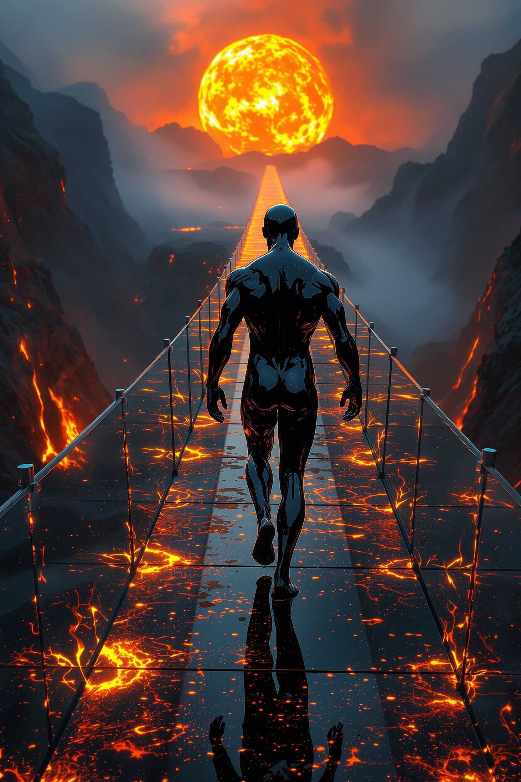 Ultra-realistic 8K 16:9 image showing a black figure made of black liquid glass walking barefoot across a glass bridge. Perspective shot above the bridge, showing a volcanic landscape on the sides of the glass bridge. The figure walks towards the observer with very shiny skin, visible muscles and slightly burning hands. in the distance a large ball of fire. a mixture of fire and smoke colors. oil paints. ultra-detailed, ultra-realistic, hd 8k. surrealism.