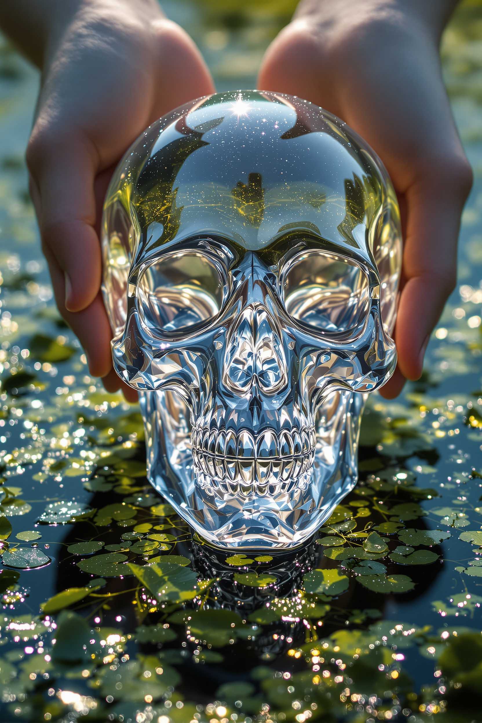 Glass, transparent skull, without a jaw, with a perfectly smooth, perfectly mirror-like surface, subtly reflects light, creating shimmering reflections. It is held by floating hands above a lake covered with duckweed and leaves, which have a visible structure, and water drops settle on their surface, reflecting the light of the lake. ultraphotographic melancholic image 8k.