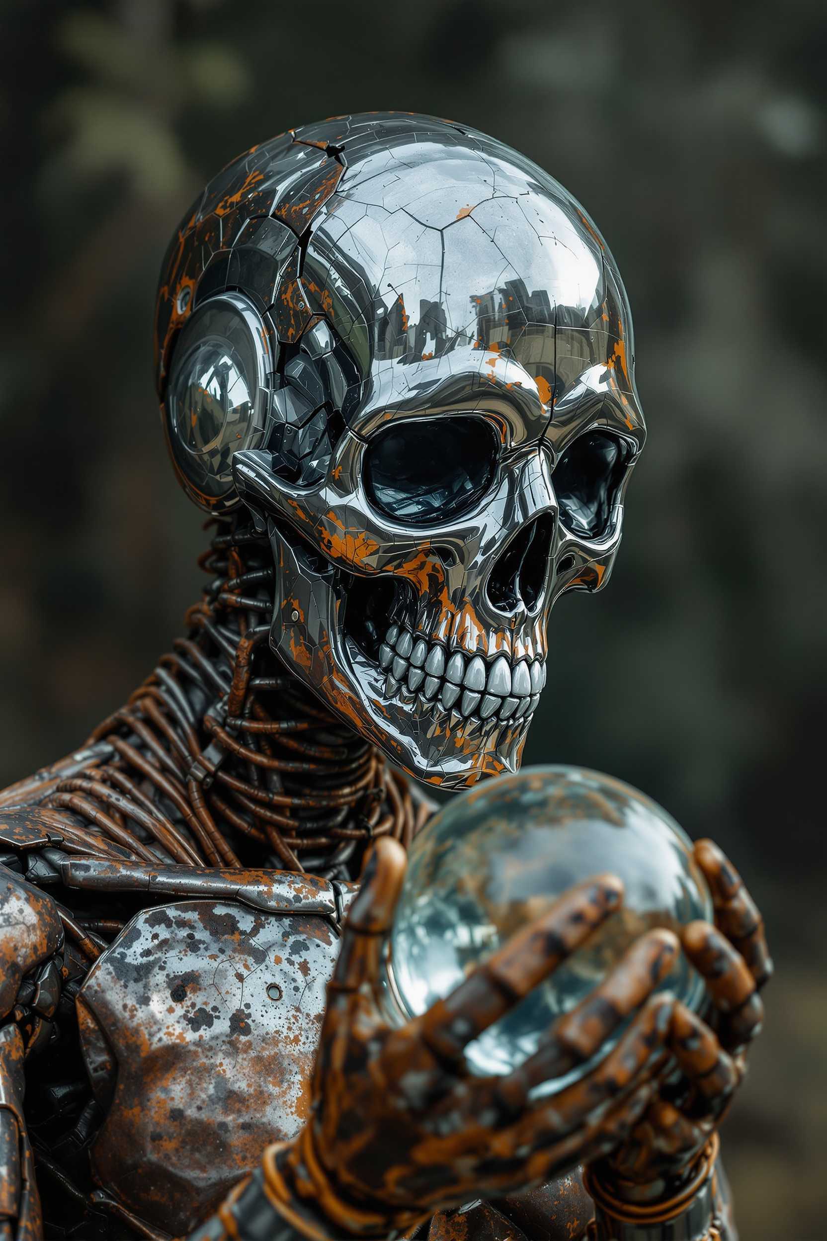 Humanoid figure - its Metal, heavily corroded body full of scratches and cracks resembles rusty iron. Head covered with perfectly matched, shiny glass structure - perfectly reflecting the shape of the shiny skull, which precisely surrounds the skull, emphasizing its shape and creating the effect of freezing in time. figure holds a glass ball. surreal atmosphere. Ultraphotographic hd 8k. Ultra-detailed image.