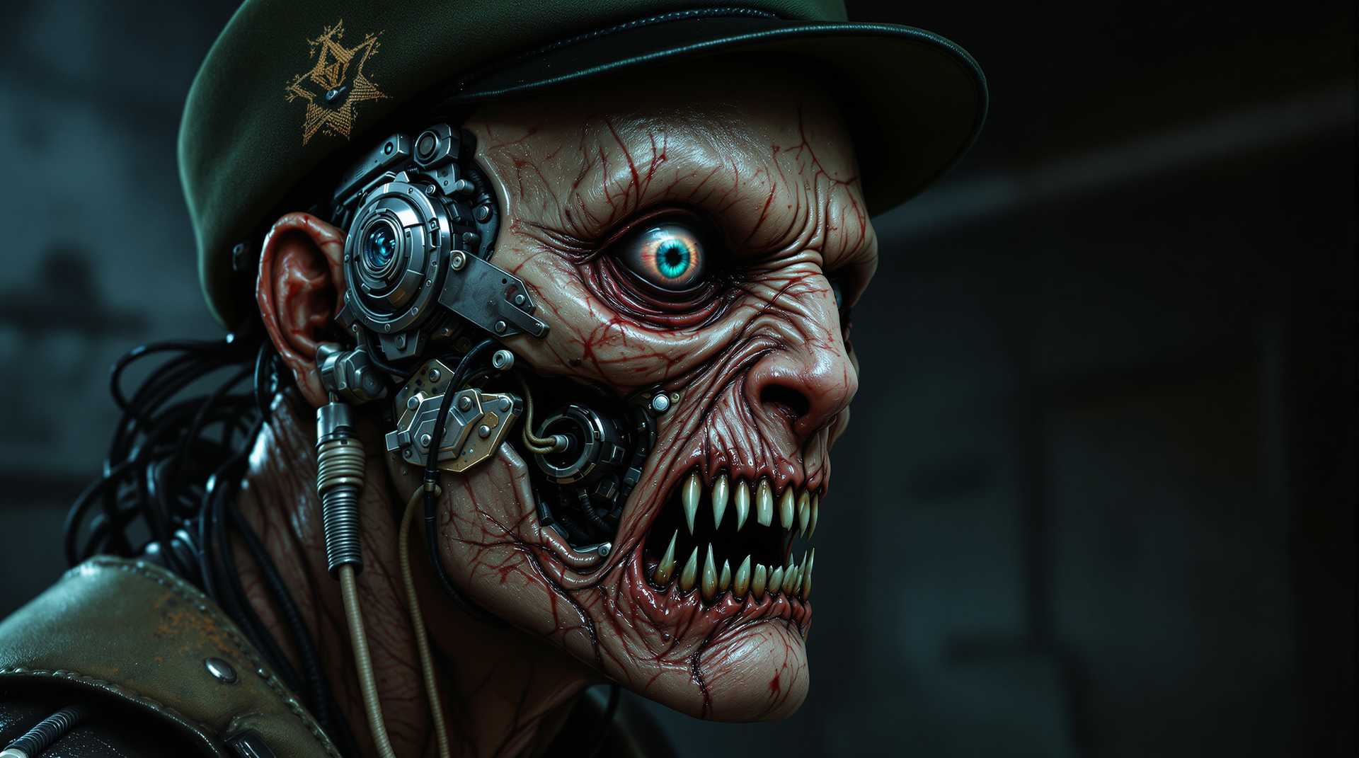 post-apocalyptic android with a menacing, crazy face, thick shiny skin - head covered with scars and metal plates. Military beret on the side. Right eye is a camera. In the vicinity of the metal jaw are visible protruding tubes and electronic elements. On the face - tattoo - metal wires. Background - a damp basement - a dark, dystopian image. ultra-detailed. hd 8k oil paint, ultra-photographic.