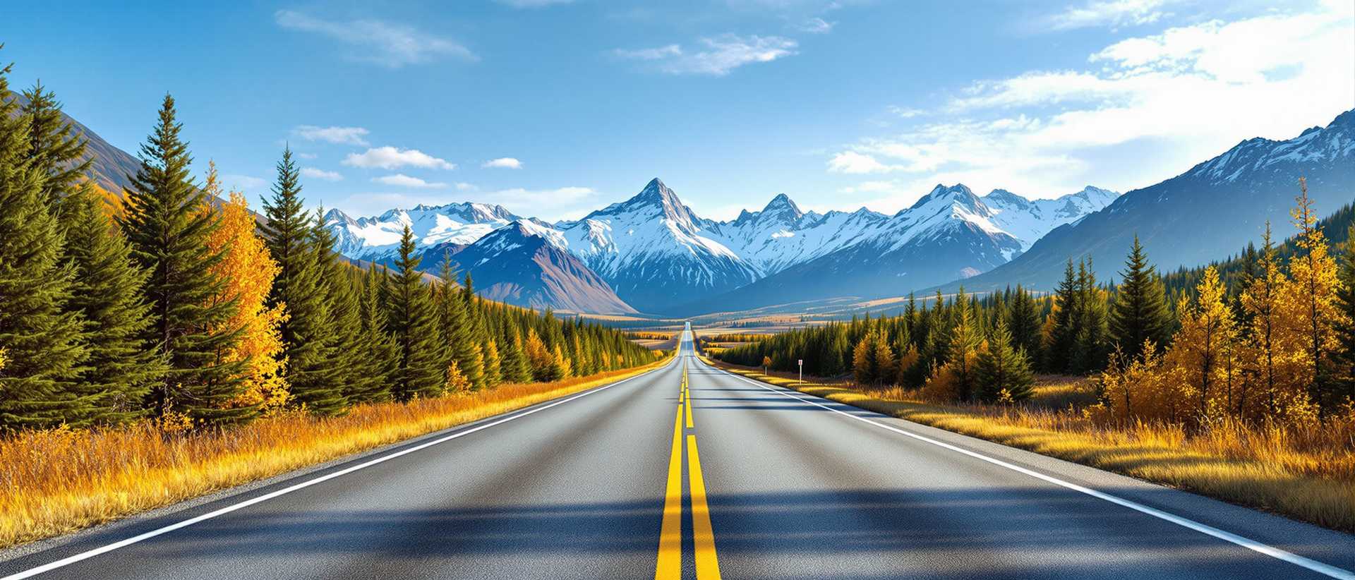 This image captures a tranquil and picturesque scene of a straight road cutting through a landscape that suggests a mountainous region. The road is paved with a dark grey asphalt, and it is marked with bright yellow lines that run parallel to each other down the center, dividing the road into two lanes. The road is devoid of any vehicles or pedestrians, which adds to the sense of serenity and isolation in the scene.On either side of the road, there are lush green forests of coniferous trees, which are likely pines or firs, given their needlelike leaves. The trees are in full autumnal color, with the leaves displaying a spectrum of yellows and oranges, which contrasts beautifully with the deep green of the evergreens. The foliage on the left side of the road is more vibrant in color, indicating that it may be closer to the camera, while the trees on the right side are more subdued, suggesting they are further away.In the distance, the majestic mountains rise up, their peaks capped with snow, indicating that the region is likely in a high altitude or in a season where snow is present. The mountains are rugged and steep, with their slopes covered in a mix of greenery and bare rock. The lighting in the image suggests it is either early morning or late afternoon, as the shadows are long and the light is soft and warm.The sky above is a clear blue, with a few wispy clouds scattered across the expanse, which adds to the sense of openness and vastness in the scene. The overall art style of the image is realistic, capturing the details and textures of the landscape with great clarity. The medium appears to be a highresolution photograph, given the sharpness and clarity of the image.The colors in the image are rich and vibrant, with the yellows and oranges of the autumn foliage standing out against the deep greens of the evergreens and the cool blues of the sky and mountains. The contrast between the warm and cool colors creates a harmonious and balanced palette that is pleasing to the eye.In summary, this image is a realistic portrayal of a straight road cutting through a mountainous region during autumn, with lush forests of coniferous trees, majestic mountains in the distance, and a clear blue sky. The art style is realistic, with a highresolution photograph as the medium, and the colors are rich and vibrant, creating a harmonious and balanced palette.
