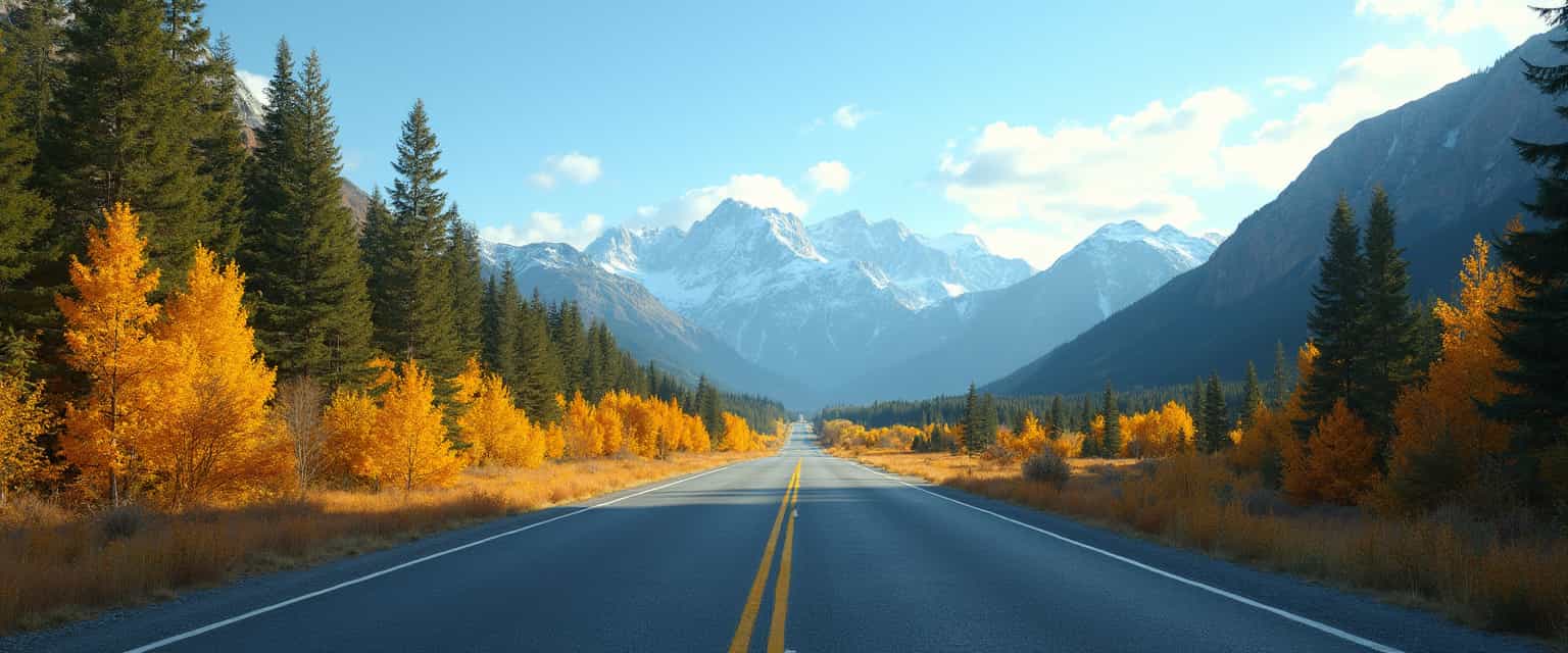 This image captures a tranquil and picturesque scene of a straight road cutting through a landscape that suggests a mountainous region. The road is paved with a dark grey asphalt, and it is marked with bright yellow lines that run parallel to each other down the center, dividing the road into two lanes. The road is devoid of any vehicles or pedestrians, which adds to the sense of serenity and isolation in the scene.On either side of the road, there are lush green forests of coniferous trees, which are likely pines or firs, given their needlelike leaves. The trees are in full autumnal color, with the leaves displaying a spectrum of yellows and oranges, which contrasts beautifully with the deep green of the evergreens. The foliage on the left side of the road is more vibrant in color, indicating that it may be closer to the camera, while the trees on the right side are more subdued, suggesting they are further away.In the distance, the majestic mountains rise up, their peaks capped with snow, indicating that the region is likely in a high altitude or in a season where snow is present. The mountains are rugged and steep, with their slopes covered in a mix of greenery and bare rock. The lighting in the image suggests it is either early morning or late afternoon, as the shadows are long and the light is soft and warm.The sky above is a clear blue, with a few wispy clouds scattered across the expanse, which adds to the sense of openness and vastness in the scene. The overall art style of the image is realistic, capturing the details and textures of the landscape with great clarity. The medium appears to be a highresolution photograph, given the sharpness and clarity of the image.The colors in the image are rich and vibrant, with the yellows and oranges of the autumn foliage standing out against the deep greens of the evergreens and the cool blues of the sky and mountains. The contrast between the warm and cool colors creates a harmonious and balanced palette that is pleasing to the eye.In summary, this image is a realistic portrayal of a straight road cutting through a mountainous region during autumn, with lush forests of coniferous trees, majestic mountains in the distance, and a clear blue sky. The art style is realistic, with a highresolution photograph as the medium, and the colors are rich and vibrant, creating a harmonious and balanced palette.