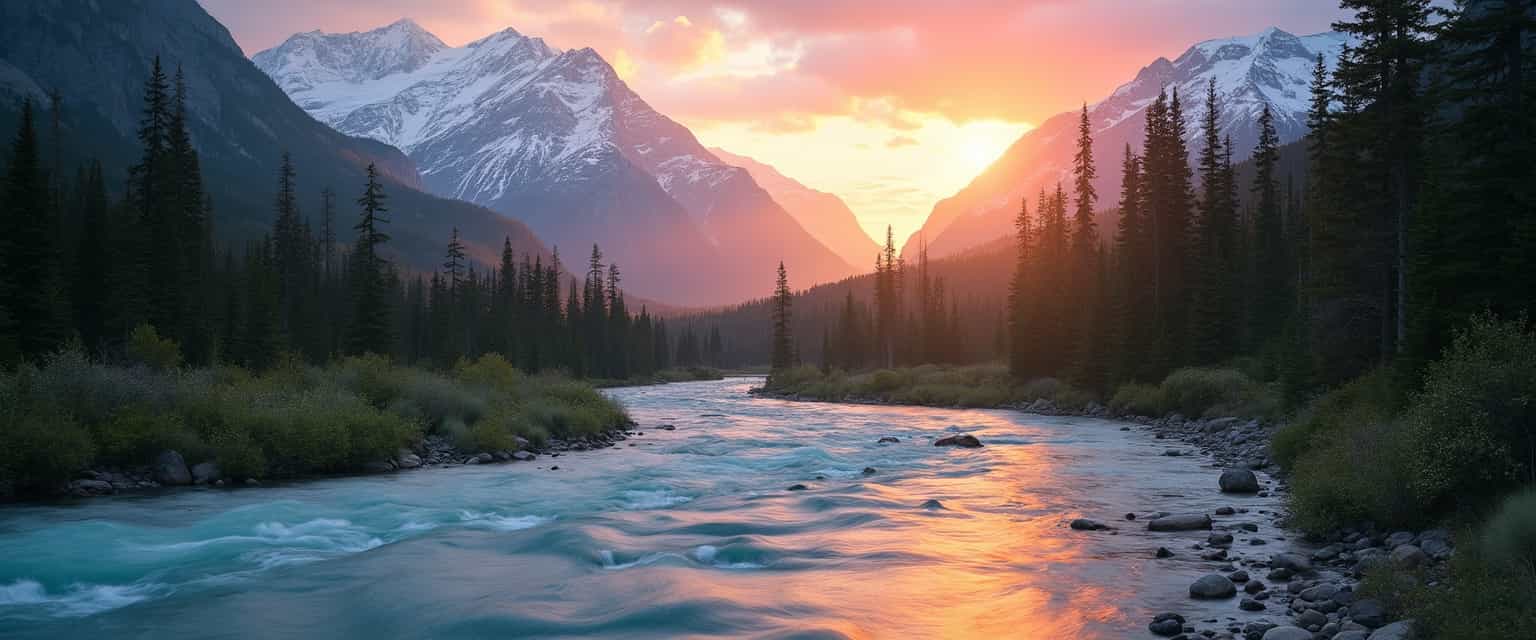 A breathtaking landscape of Alberta's rivers winding through the majestic Rocky Mountains at sunset. The image captures the serene beauty of nature with lush pine forests lining the riverbanks and snowy mountain peaks in the background. The river's crystal-clear waters reflect the warm hues of the setting sun, casting a golden glow across the scene. The sky is painted with shades of pink, orange, and purple as the sun dips below the horizon. The composition positions the flowing river in the foreground, leading the eye towards the towering Rockies in the distance. Soft, diffused lighting adds a peaceful and tranquil atmosphere, while gentle ripples in the water create a sense of movement. The overall mood is one of awe and serenity, evoking the timeless beauty of nature in the heart of the Rockies. **Photography**, **ultra-realistic**, **wide-angle lens**, **golden hour lighting**, **natural landscape**, **serene**.