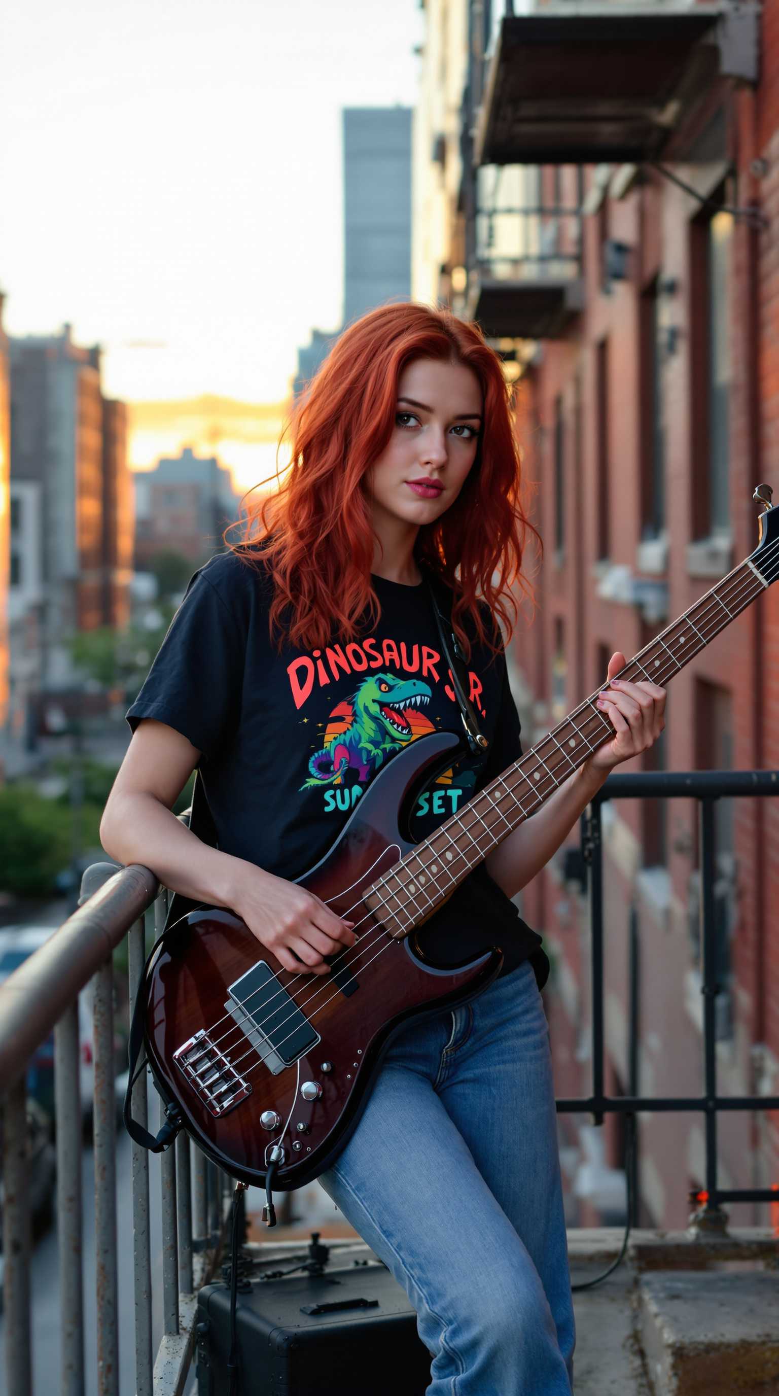 A Red haired young woman is leaning against the railing of a city fire escape while playing bass guitar. She has a shirt on it that says Dinosaur Jr. Sunset, looks like she is deep in a groove with an amp at her boots. Looking at the viewer