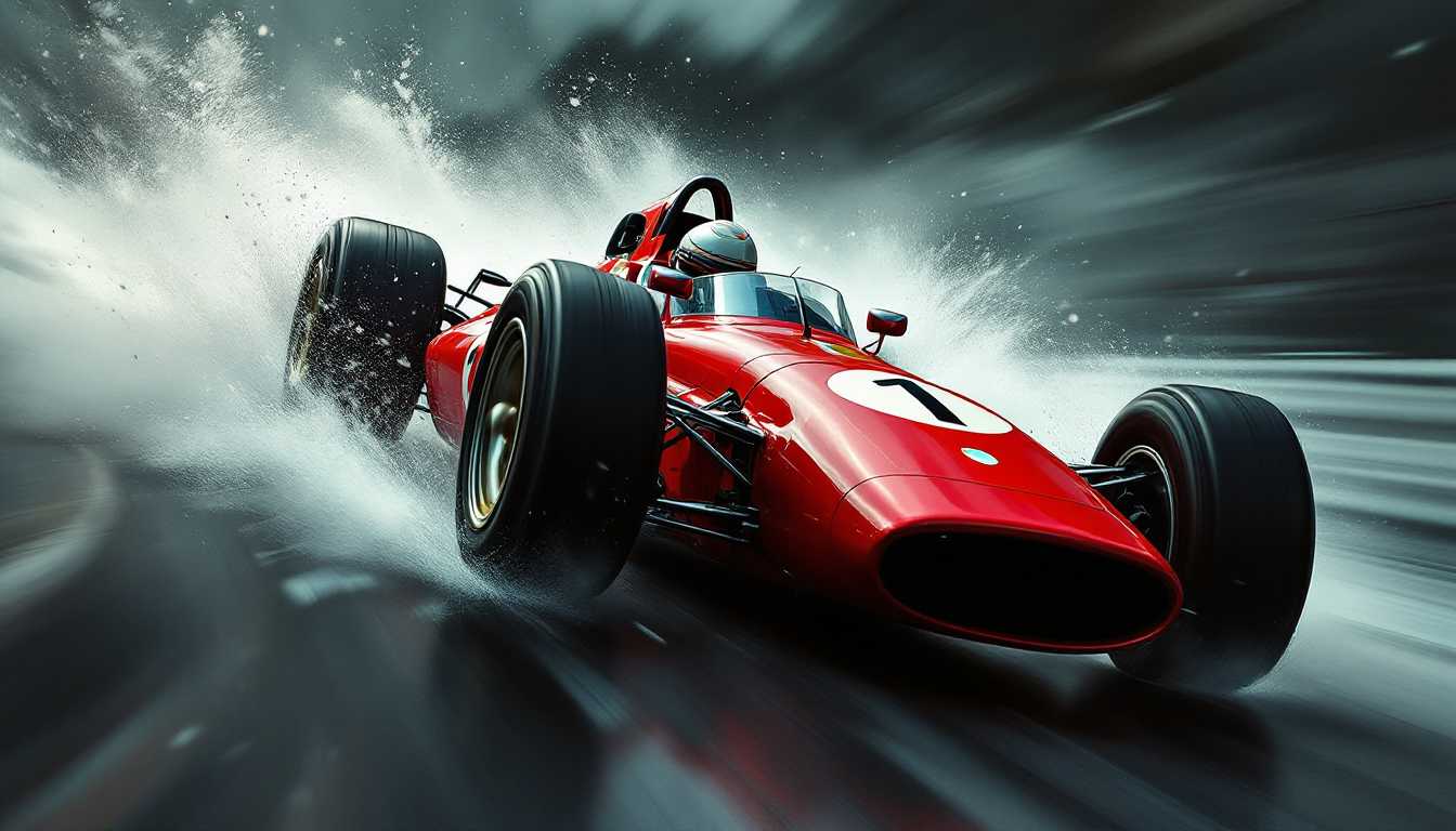 Hyper-realistic matte painting: A red race car, blurred tires, historical illustration, monochromatic, in the style of Sam Spratt, Genndy Tartakovsky, Soggy, Masaccio. Dynamic angle, hard focus and motion blur effect.