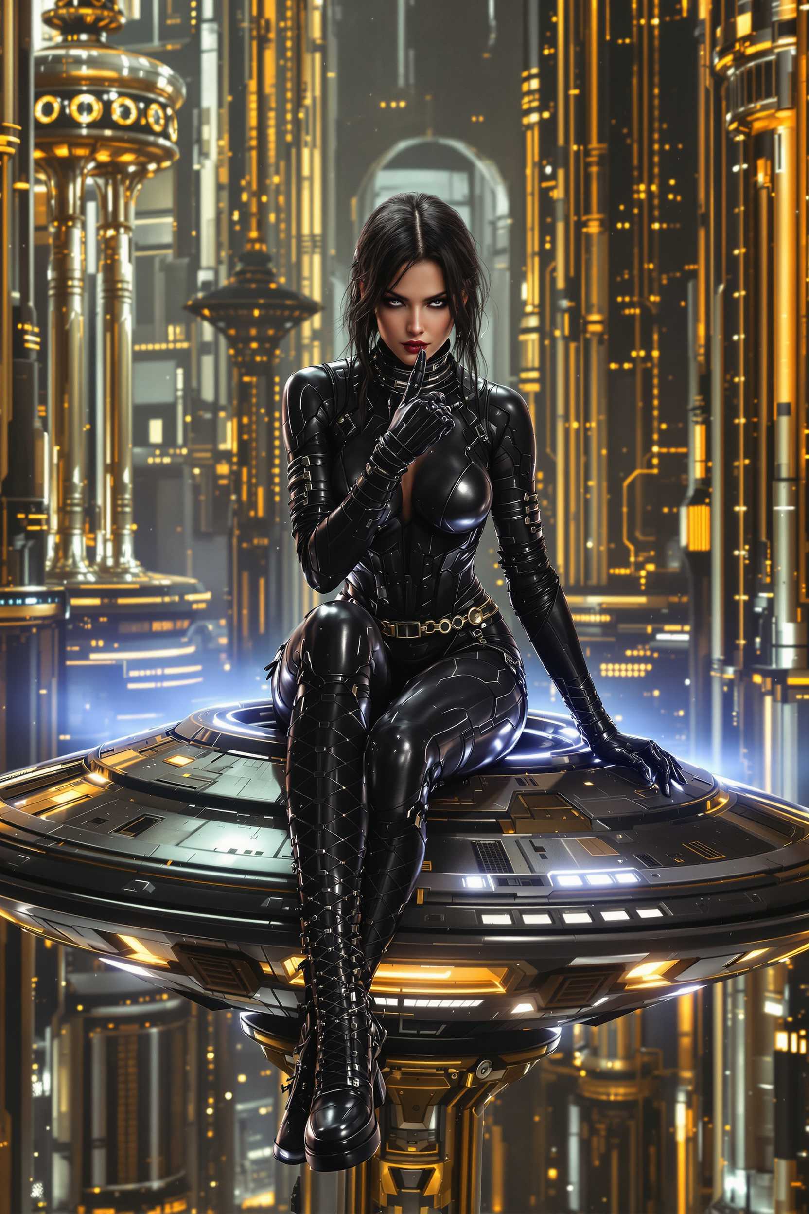 Create women she is wearing a black & silver cyberpunk bodysuit, she sitting on a futuristic flying saucer, her bad attitude as symbolized with her mischievous finger. Background a futuristic city with a gold and silver color scheme