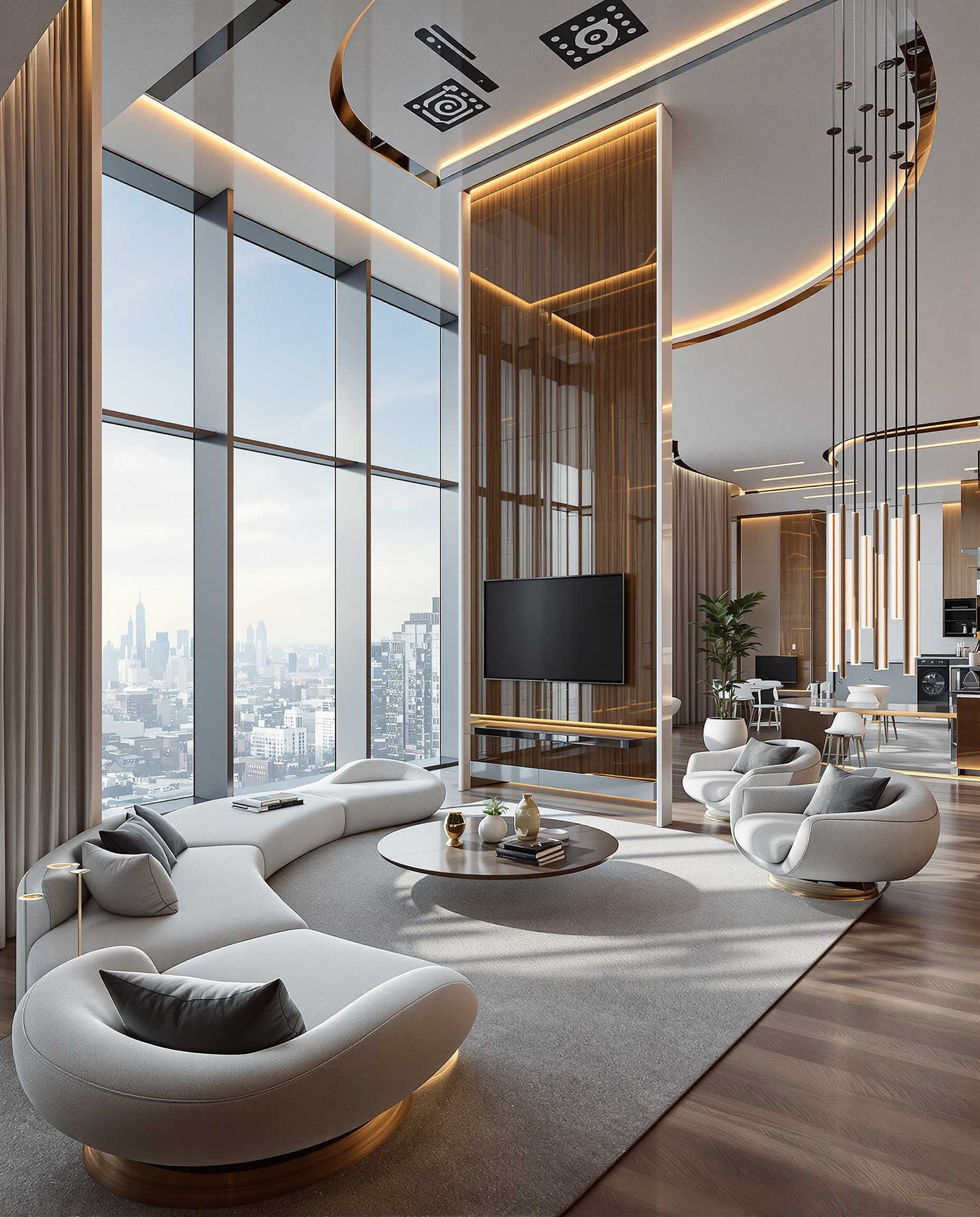 interior of futurist high altitude living space, panoramic windows, modern and futuristic furnishings, premium, elegant, interior designed, photo realistic 