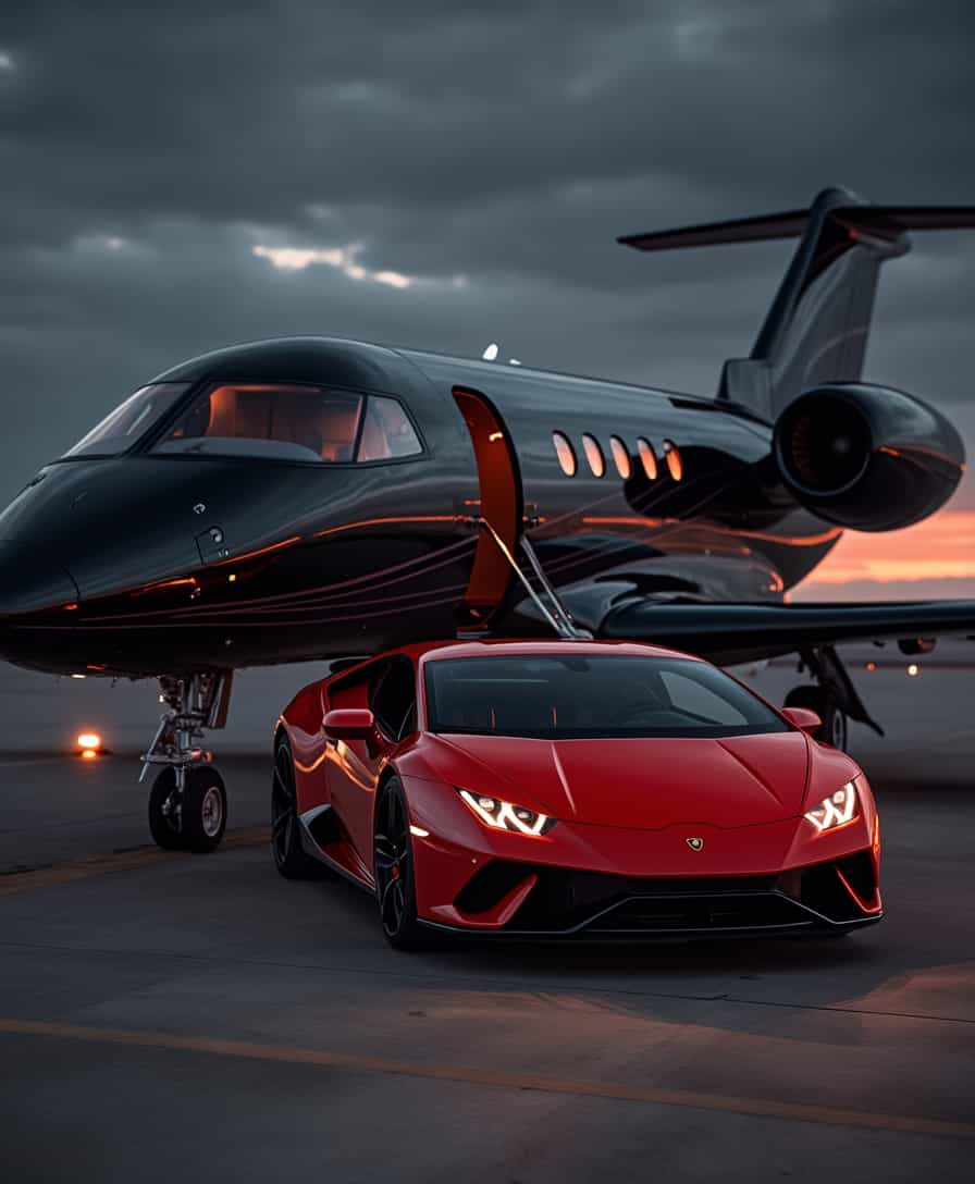 a black luxury private jet. With a red Lamborghini huracan also on the side. Dark atmosphere 