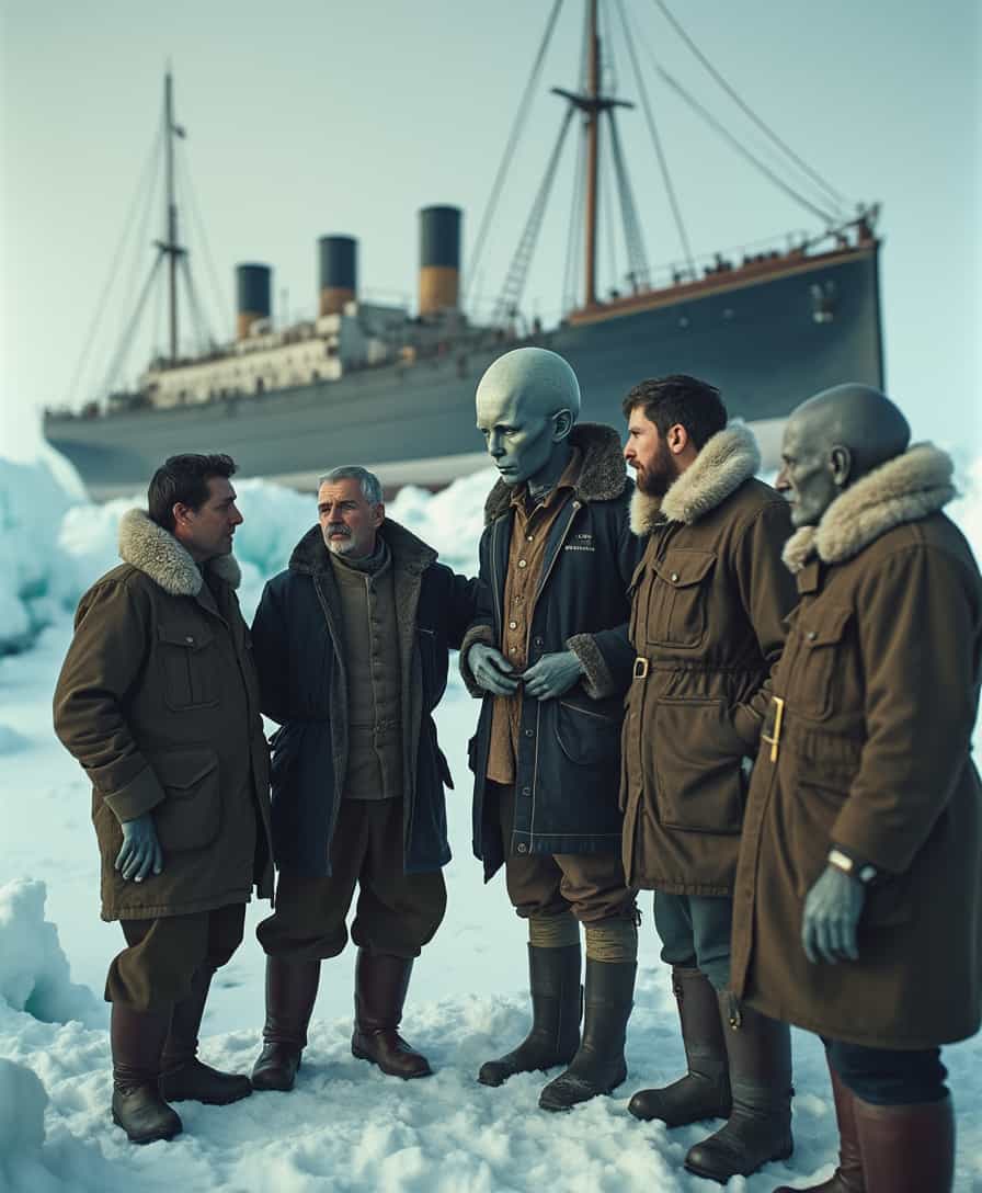 A hyper-realistic historical photograph of Ernest Shackleton and his expedition team on the icy landscape of Antarctica, circa 1915. The team is dressed in rugged, fur-lined polar exploration gear, standing together against the harsh, snow-covered terrain with their iconic ship, the Endurance, trapped in ice in the background. Among them is a distinct extraterrestrial crew member--taller than the others, with an elongated head and smooth, iridescent skin. The ET is not wearing any gear and is unmistakably otherworldly. The team interacts naturally with the ET, as if it is a trusted part of the mission, displaying camaraderie despite the alien presence. The lighting is cold and dramatic, capturing the harsh reality of the Antarctic expedition while maintaining a surreal, mysterious atmosphere