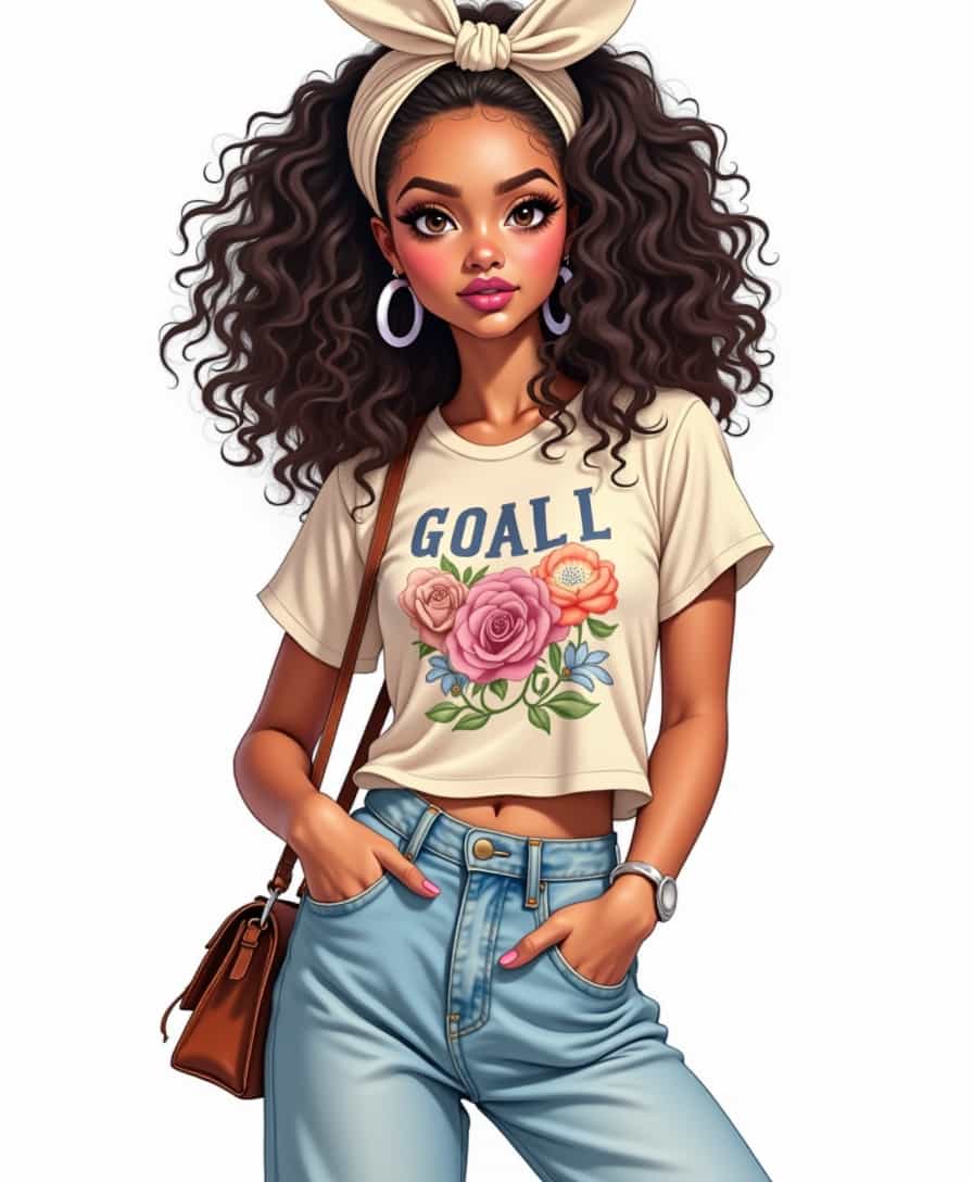 detailed realistic glossy digital art style, A girl with voluminous curls and a headscarf tied around her head. She wears a vintage-inspired graphic tee with high-waisted wide-leg jeans in a light wash. she carries a small leather crossbody bag. Her makeup features bold eyeliner and a berry lip. The background is plain white, coloring book, f/22, sharp details, vibrant colors, clean background