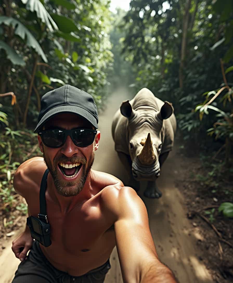 First-person perspective, as if taking a selfie, of a Caucasian man with a short beard, black cap, and dark sunglasses, running along a path in the middle of a dense, green jungle. His face shows panic and adrenaline as he records himself on his phone. Behind him, a massive rhinoceros charges forward, kicking up dust and branches in its wake. The scene is ultra-realistic, with natural lighting that highlights every detail: the sweat on the man's skin, the rough texture of the rhinoceros, and the lush vegetation. The visual style is hyper-realistic, with vibrant colors and all elements in focus so that every detail can be clearly seen