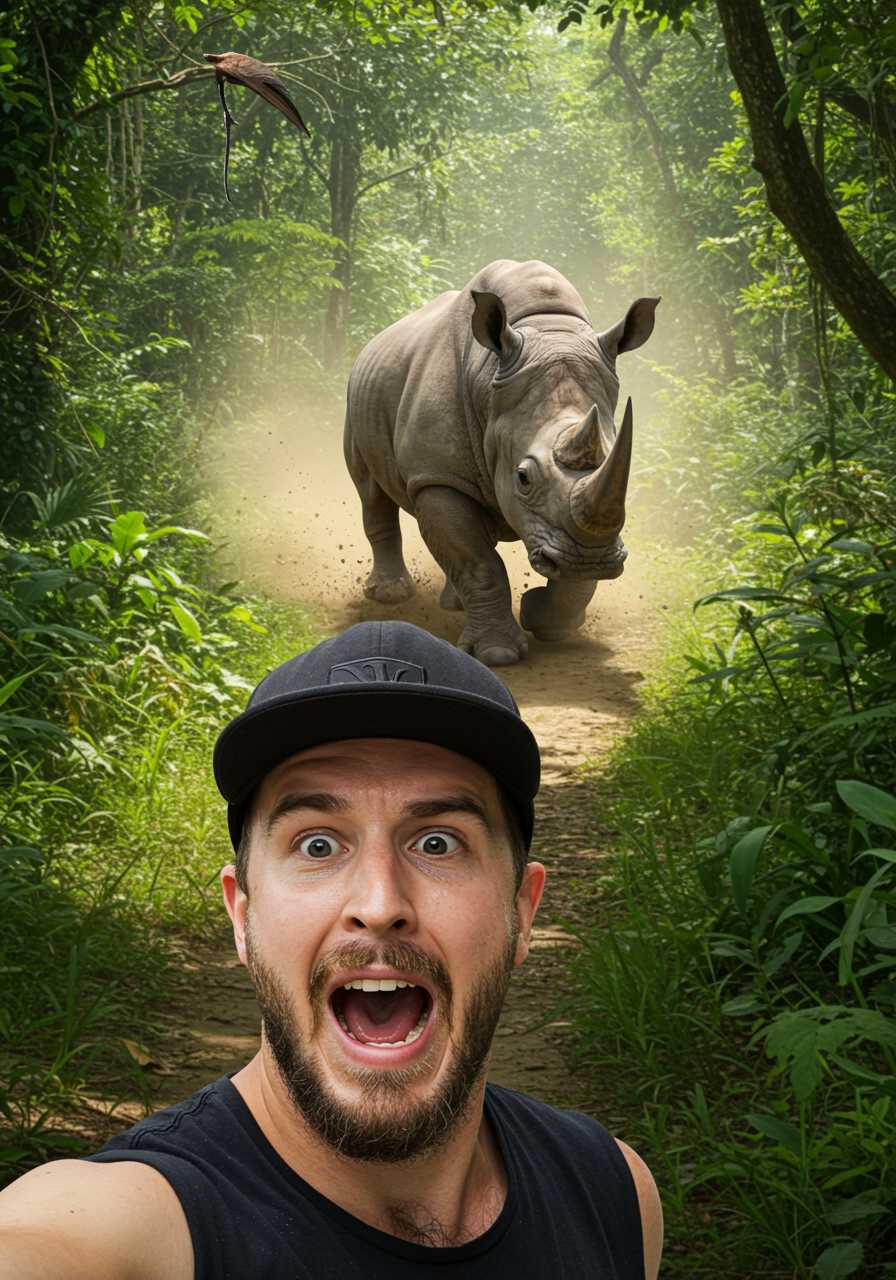 First-person perspective, as if taking a selfie, of a Caucasian man with a short beard, black cap, and dark sunglasses, running along a path in the middle of a dense, green jungle. His face shows panic and adrenaline as he records himself on his phone. Behind him, a massive rhinoceros charges forward, kicking up dust and branches in its wake. The scene is ultra-realistic, with natural lighting that highlights every detail: the sweat on the man's skin, the rough texture of the rhinoceros, and the lush vegetation. The visual style is hyper-realistic, with vibrant colors and all elements in focus so that every detail can be clearly seen