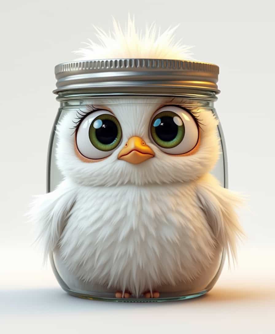 Cute Cattle Egretwith big cute eyes stuck inside a mason jar, looking puzzled isolated and cut out on a white background. Cartoon style, 3D rendering, digital art, cute character design, in the style of Pixar animation, detailed and realistic depiction of fur texture