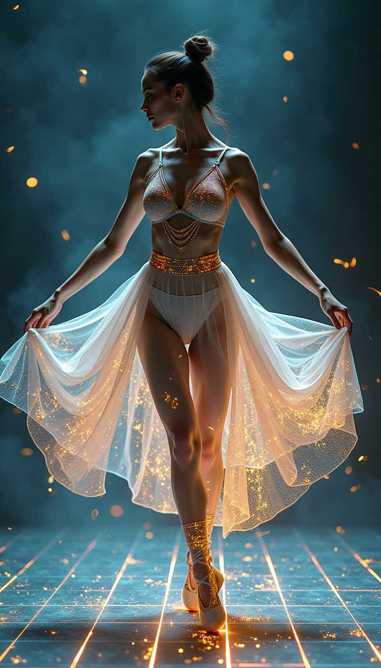 A digital dance goddess, mid-motion, leaving trails of glowing fractals with every movement. Cybernetic ballet attire, fluid metallic fabric flowing around them. Dancefloor is an interactive light grid, reacting to her movements. Motion blur effect, dynamic composition, sci-fi fantasy, ultra-HD details.
