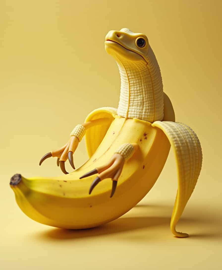 realistic product shot of a banana, the peel is open and inside is reptile shaped raw banana crawling out with claws,