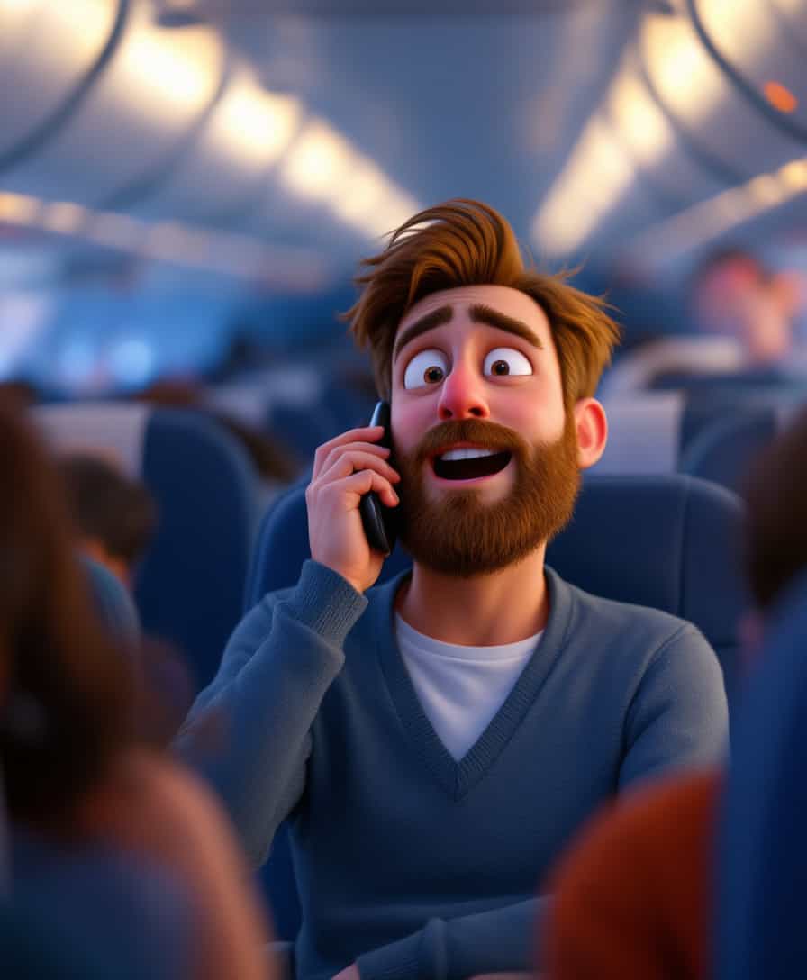 3D Disney Pixar animation style.3D Disney Pixar animation style.bird eye view. On a flight, A man is talking loudly into his cell phone while several passengers next to him were sleeping .with simple blurred background.