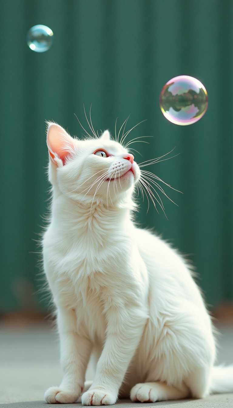 A white cat is watching a small bubble flying in front of it, a close-up shot, There are two bubbles in the air，Have a sense of space，art by Rinko Kawauchi, in the styleof naturalistic poses, vacation dadcore, youthful energy a cool expression, body extensions, analog film, super detail,dreamy lofi photography,colourful, inside viewshot on fujifilm XT4
