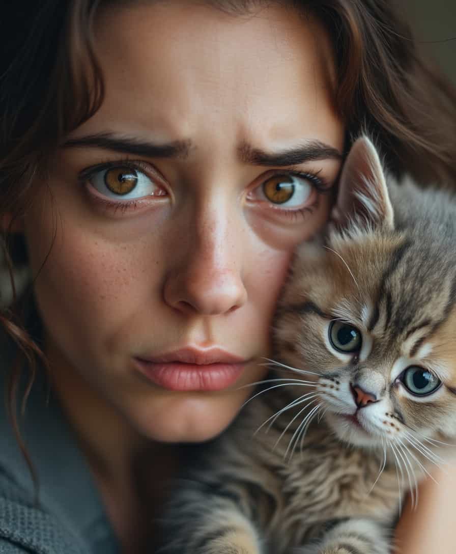 sad, upset, serious, real, imperfect woman with tears in her brown eyes holding a cute chubby cat