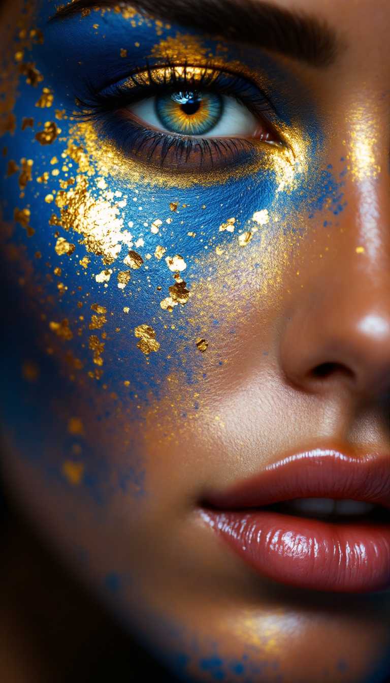 Close-up of a woman with blue and gold paint on her face, gold leaf around her eyes, hyper-realistic photography. 
