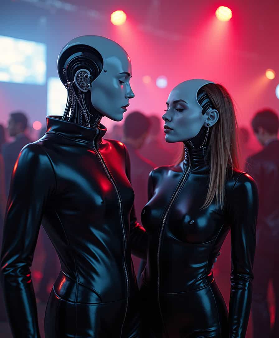 Latex clothing, futuristic, the end of mankind, AI invasion, avant-garde fashion, mutants, ai robot, underground techno party, dance together