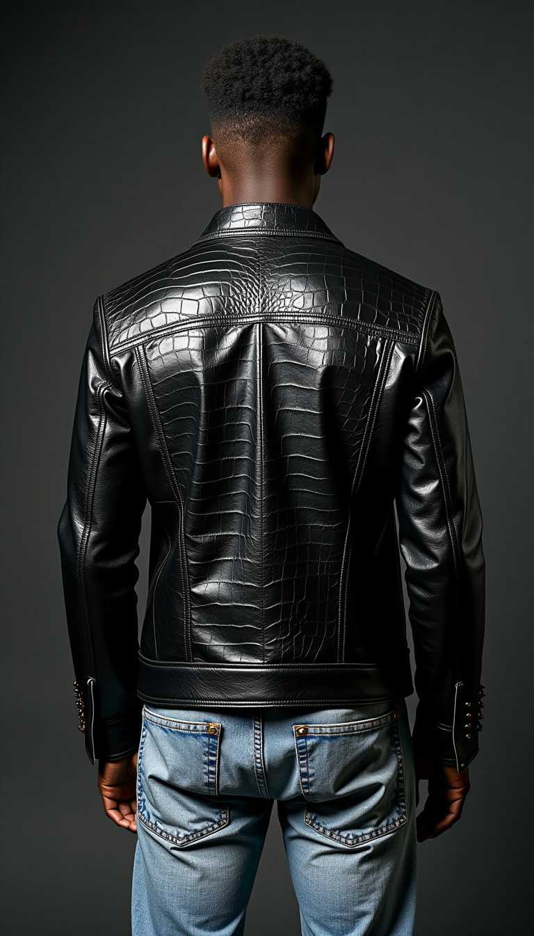 A black male model in distressed blue denim jeans, wearing a black distressed crocodile leather jacket, steel studs on edging, broken bits of mirrored metal attached to leather, camera shot from back of model, studio lighting