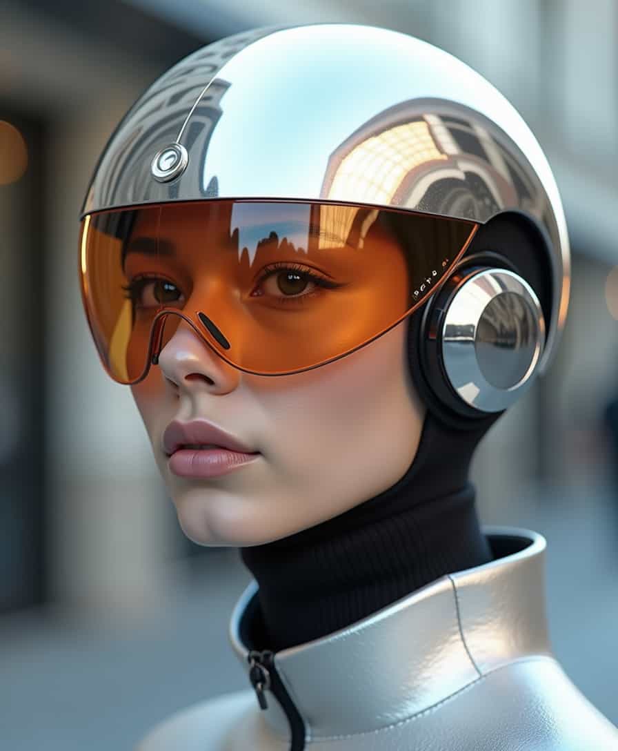 portrait of a person wearing unisex ultra-lightweight protective head wear for urban mobility, made by new brand called "Halo"(pull down clear visor:1),small structure, fine detail, (open ear:1.5), elegant hints of ai technology and advanced sensors, glossy silver bronze withclear lexan top, high fashion, detailed, 8k