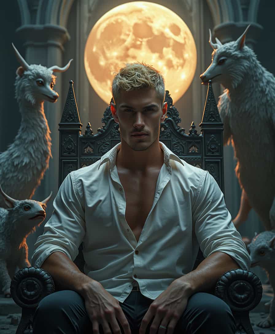 today is 2025-02-19 13:22:00; A young Caucasian handsome man with wheat-colored skin, muscular build, and golden short hair, dressed in a white shirt, exuding a powerful aura, sits on the throne of a Gothic castle. Behind him are a full moon and various exotic creatures; close-up, half-body shot. Emphasize the portrait, with a realistic photography style, ultra-clear depiction, resembling a real movie poster. Real person, real setting, modern aesthetic style, exquisite use of additional colors, high brightness, and a bright scene.