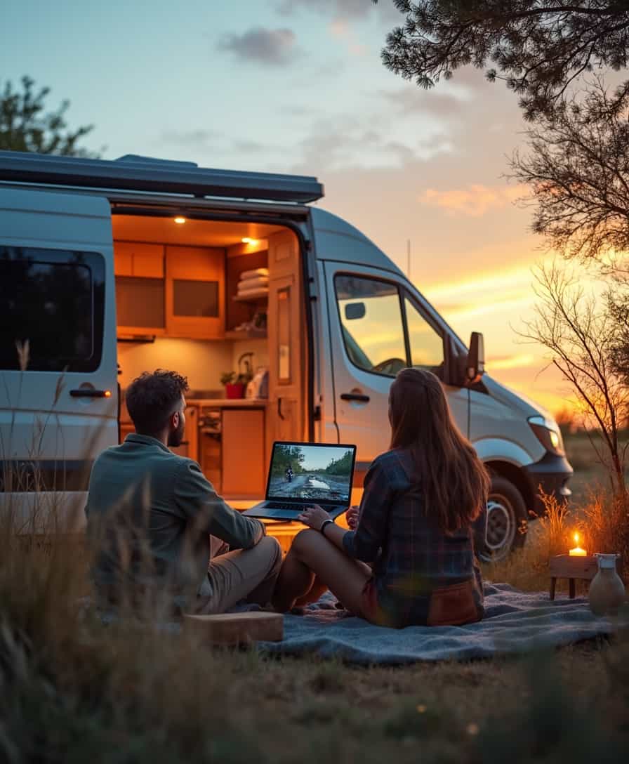 cynematic image of a couple watching a movie on a laptop, outside their white new camper van, in a nature environment