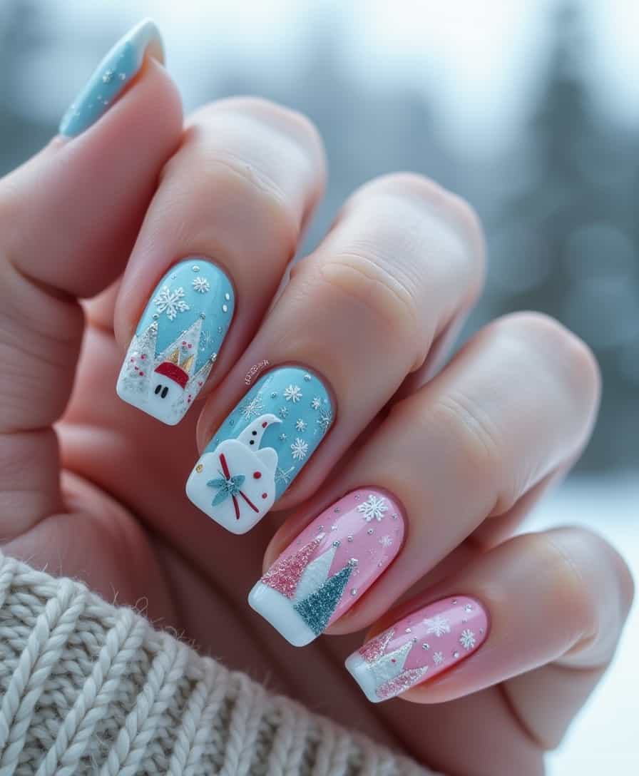 winter themed nail design featuring pastel colors with snowflakes and shimmering accents and 3 d designs with crowns and skis . A vibrant mix that captures the essence of the season in a fresh manicure and shot in the mountains with snow less saturation D70 HDR 