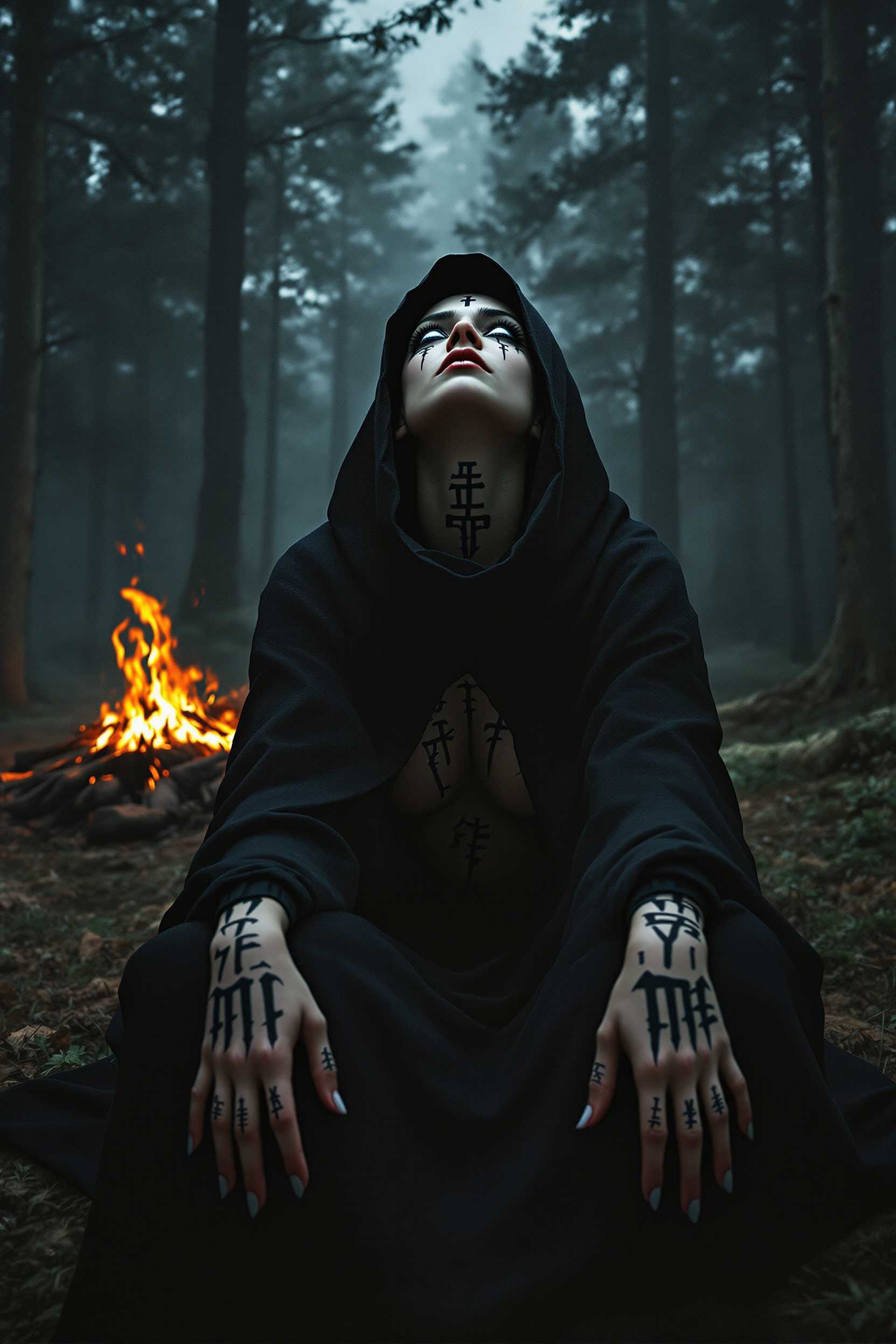 Dark and picturesque scene in a dense forest. In the foreground a female, sitting on her feet, a young figure in a black, holey cloak with a hood, leaning back with outstretched hands. On her fingers are visible black tattoos in the shape of runes. The face is turned upwards with white unseeing eyes, and on the skin of the figure - black ritual paintings. In the background a campfire, around dark trees and a cold, mysterious atmosphere. oil paints ultra detailed hd 8k - view from below.