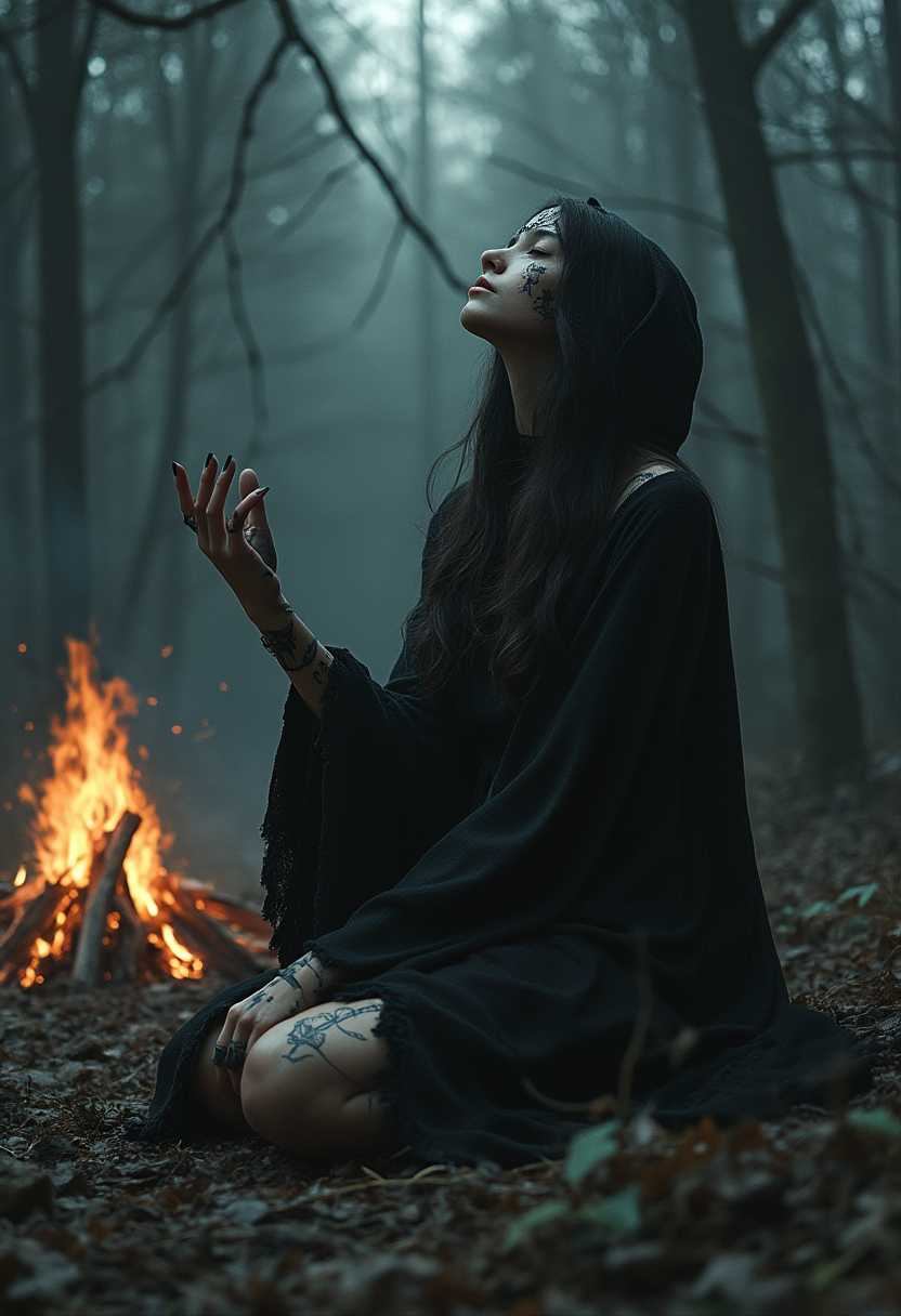 Dark and picturesque scene in a dense forest. In the foreground a female, sitting on her feet, a young figure in a black, holey cloak with a hood, leaning back with outstretched hands. On her fingers are visible black tattoos in the shape of runes. The face is turned upwards with white unseeing eyes, and on the skin of the figure - black ritual paintings. In the background a campfire, around dark trees and a cold, mysterious atmosphere. oil paints ultra detailed hd 8k - view from below.