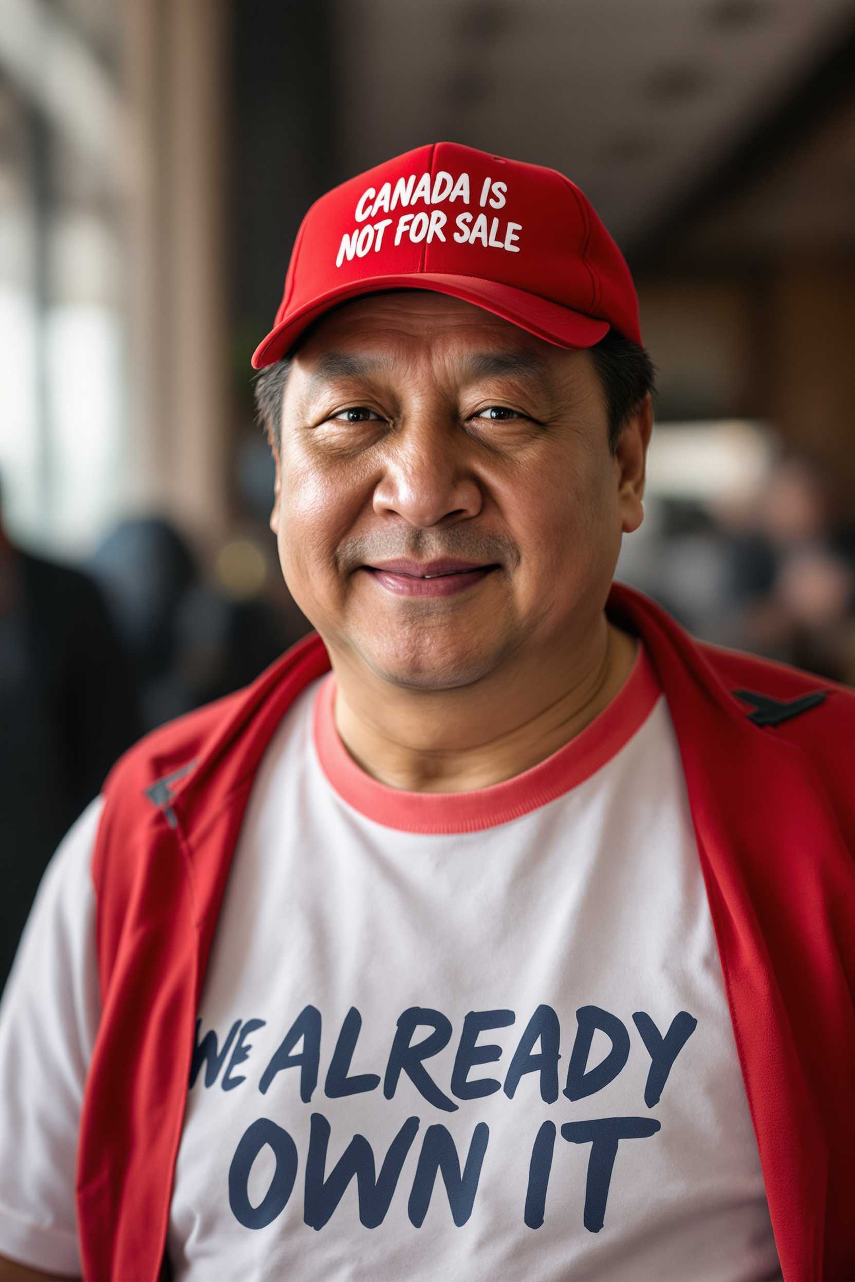 Create a photo of Xi Jinping looking at viewer, facing camera, wearing a red ball cap that reads "CANADA IS NOT FOR SALE" Xi Jinping is also wearing a t-shirt with says "WE ALREADY OWN IT" 